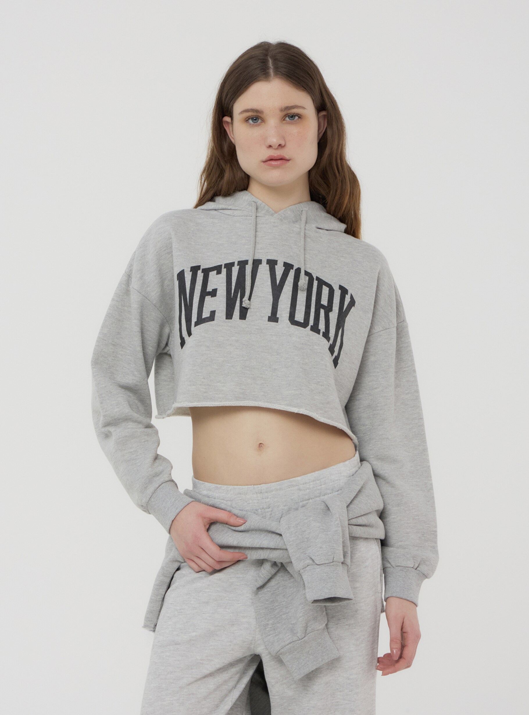 Light grey melange Crop hoodie with New York print - Buy