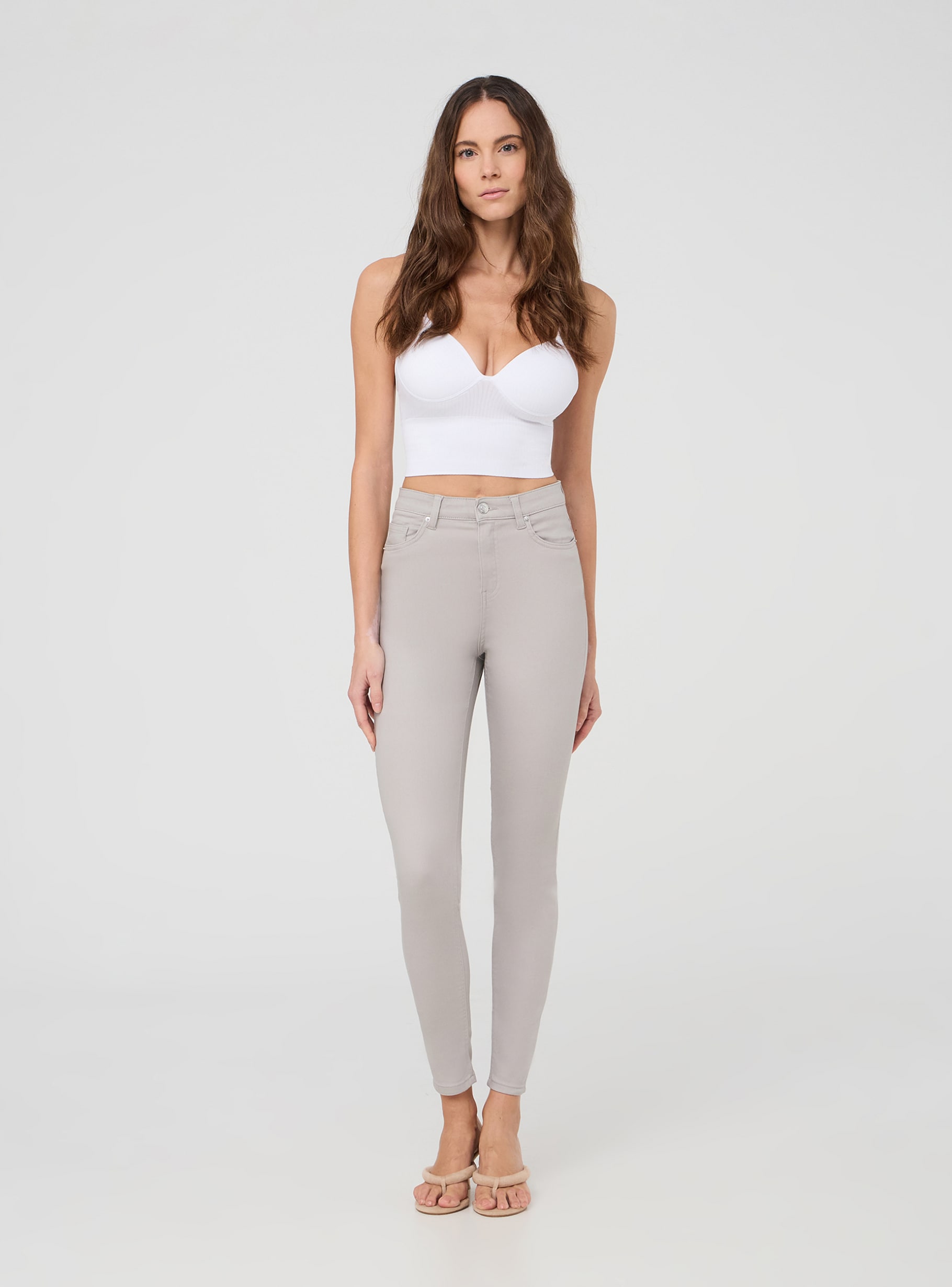 Grey light High-waisted solid colour skinny trousers - Buy