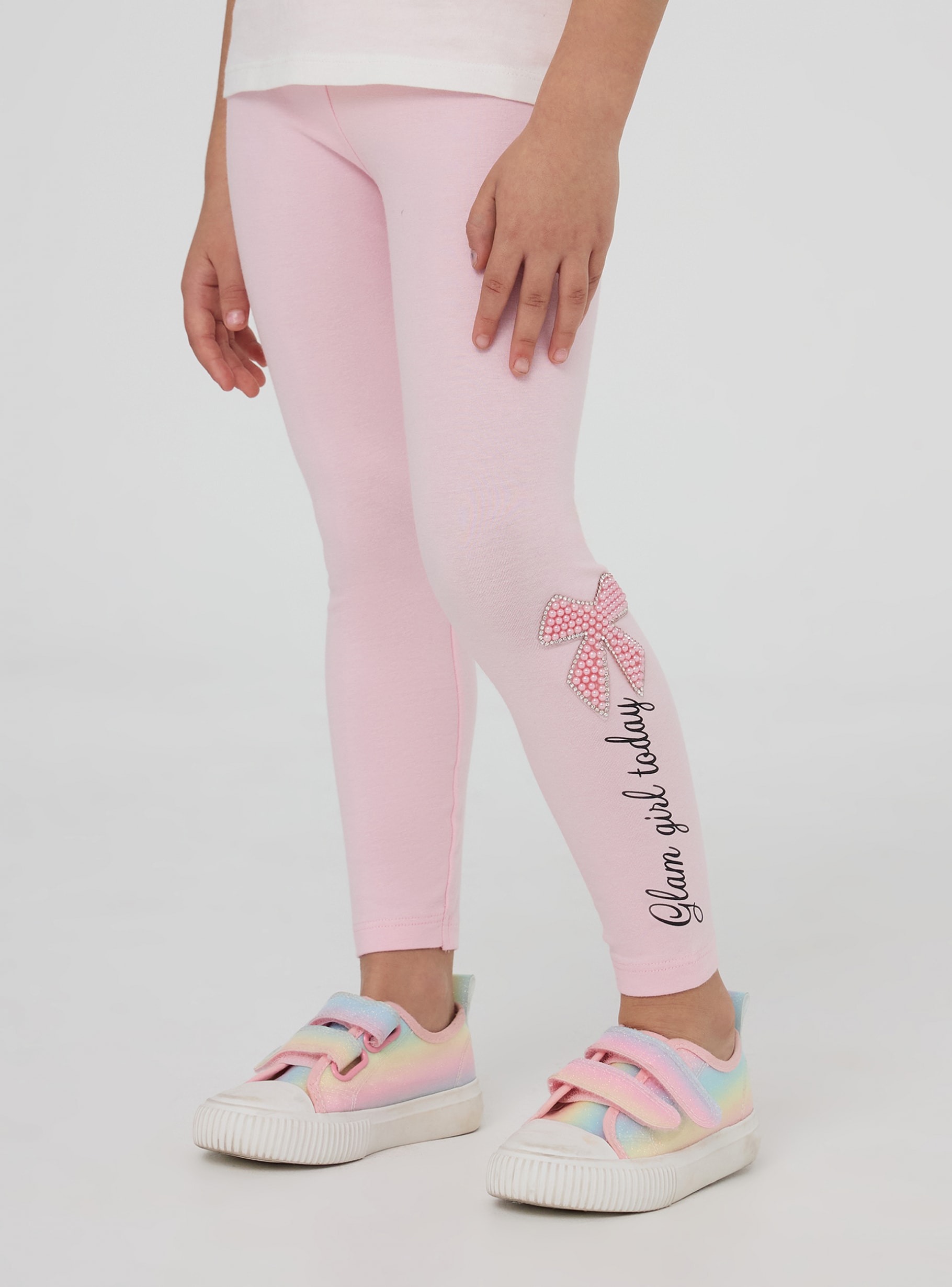 Pink Long leggings with lettering and appliqués Buy Online