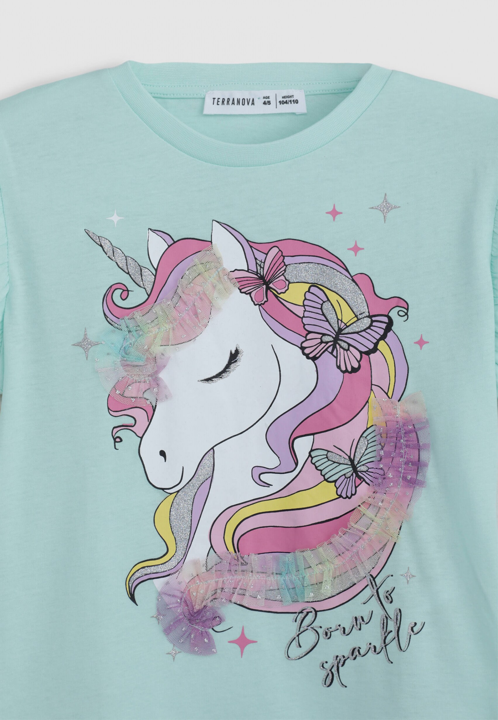 Green water Unicorn print T-shirt with glitter and tulle