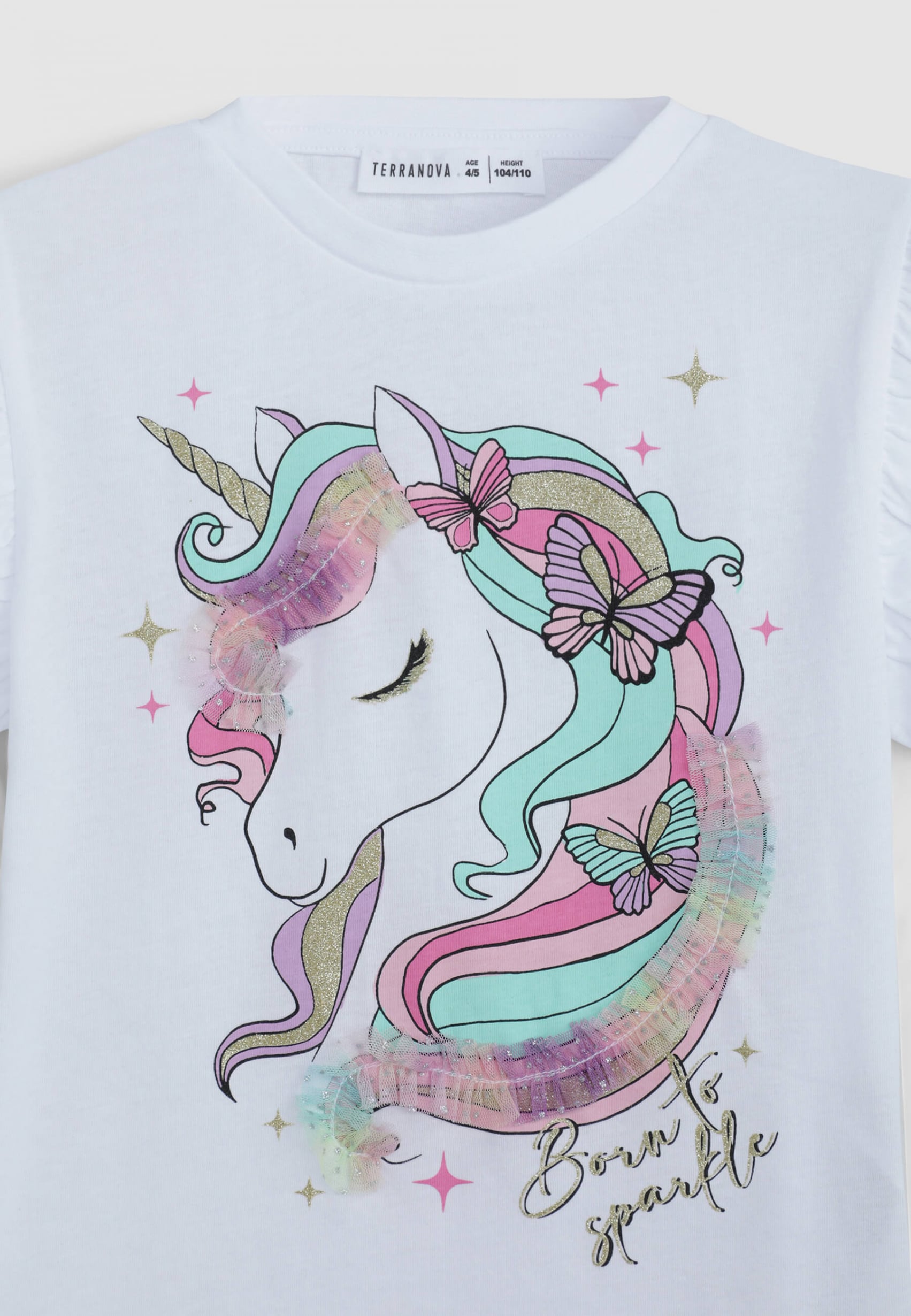 Optical white Unicorn print T-shirt with glitter and tulle