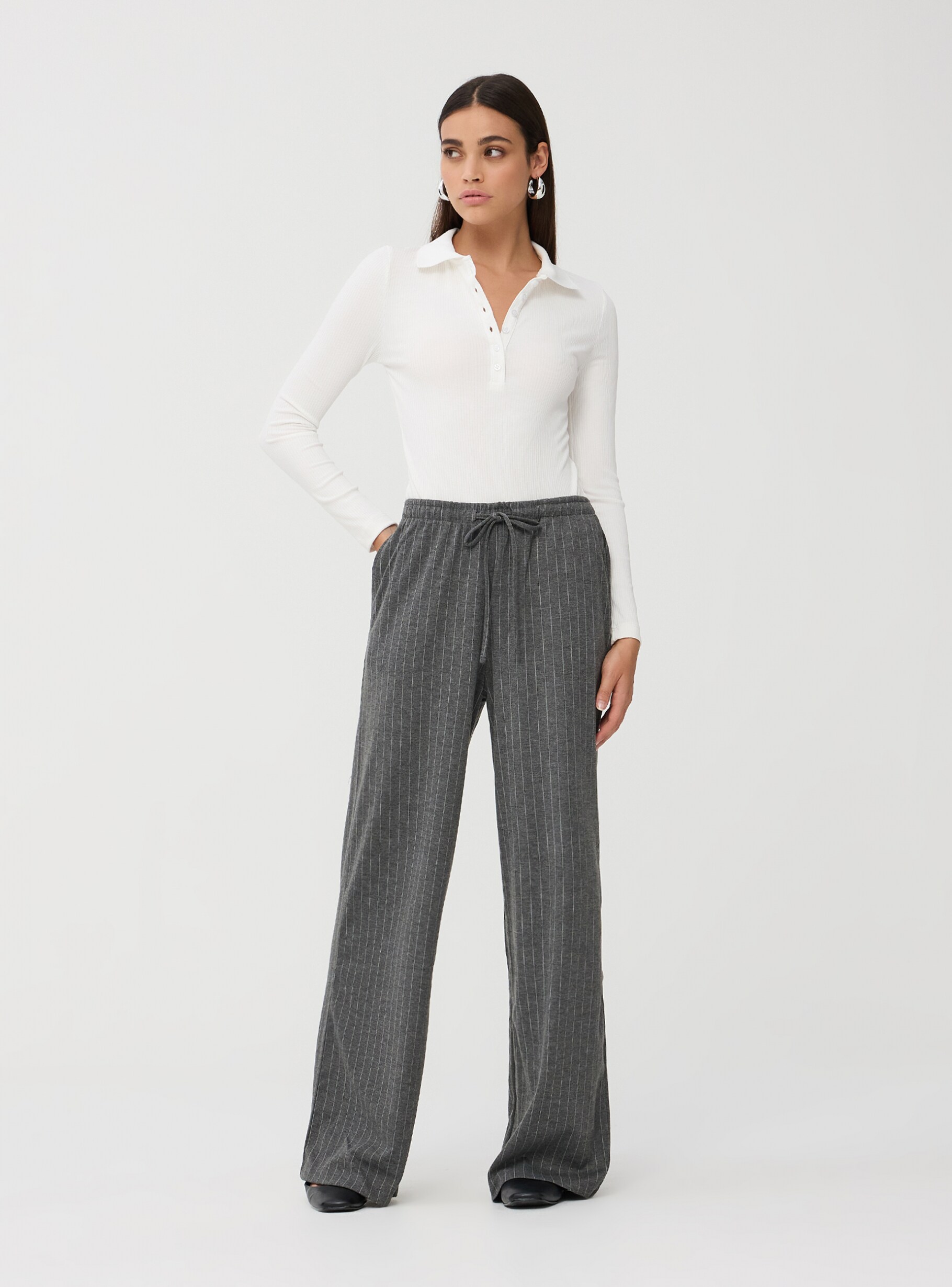 Wide leg pinstripe trousers on sale