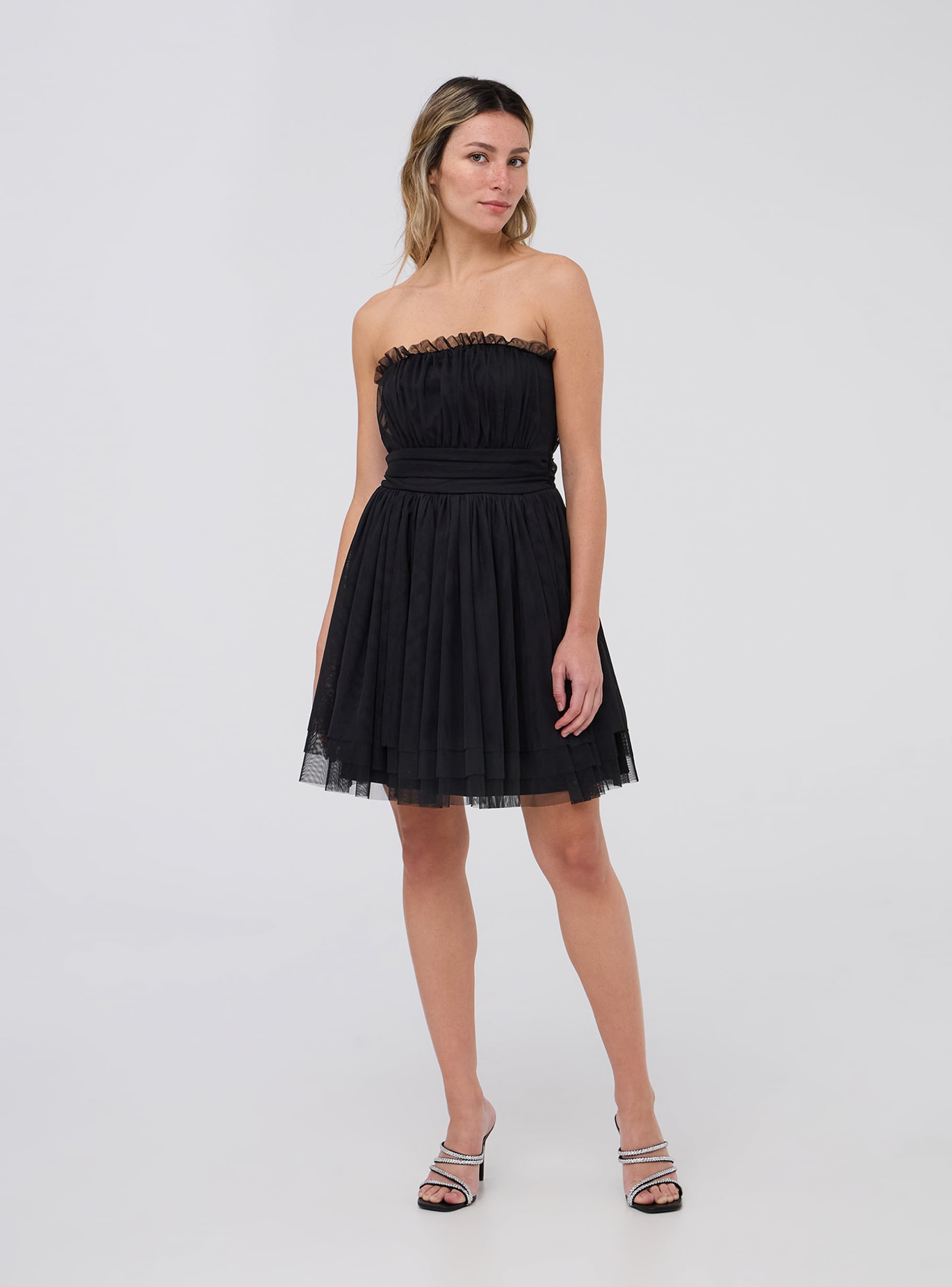 Black Strapless tulle dress with ruffles Buy Online Terranova