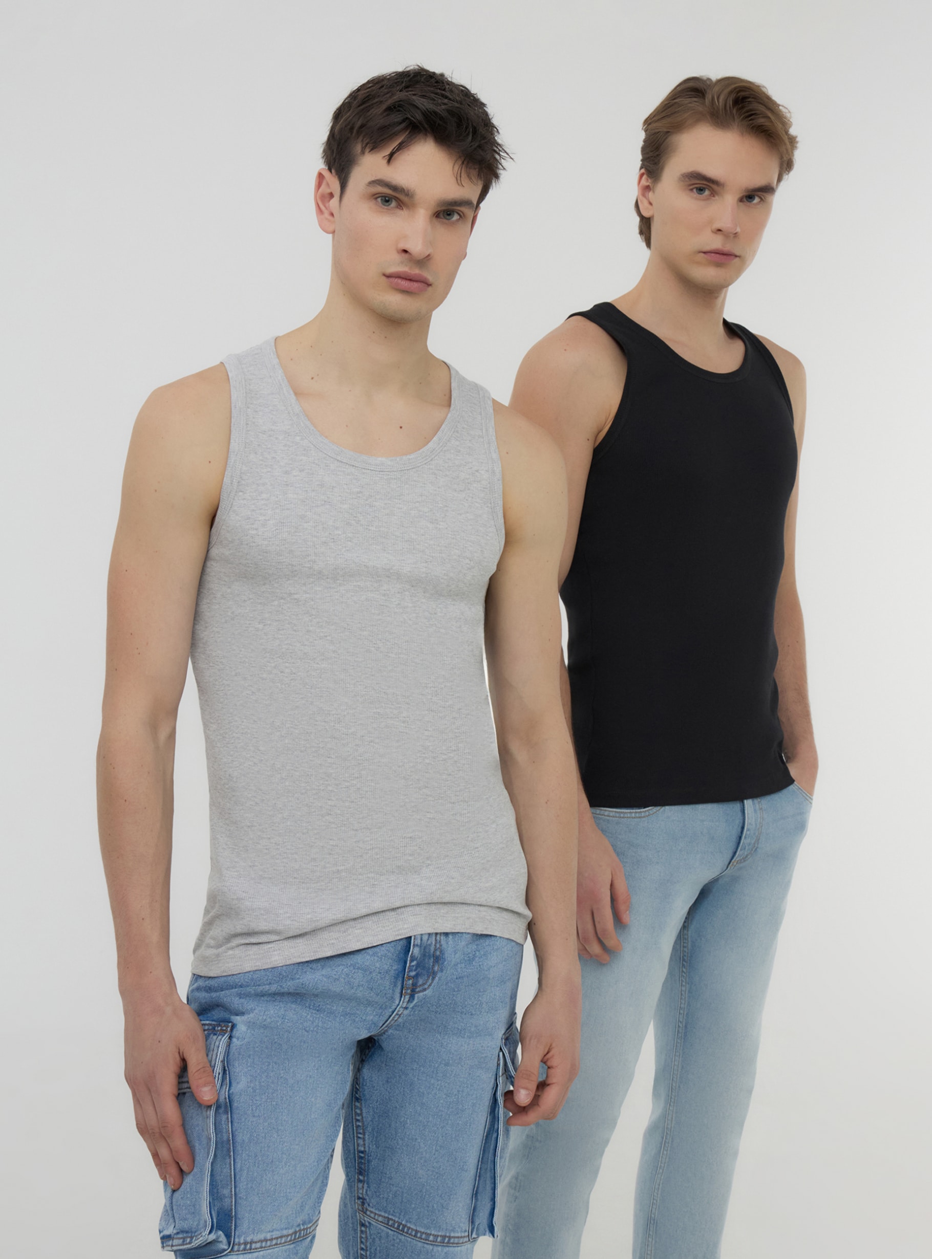 トップス SOLOV pile 2way tank&tee gray Var light grey melange Pack of 2 plain coloured tank tops