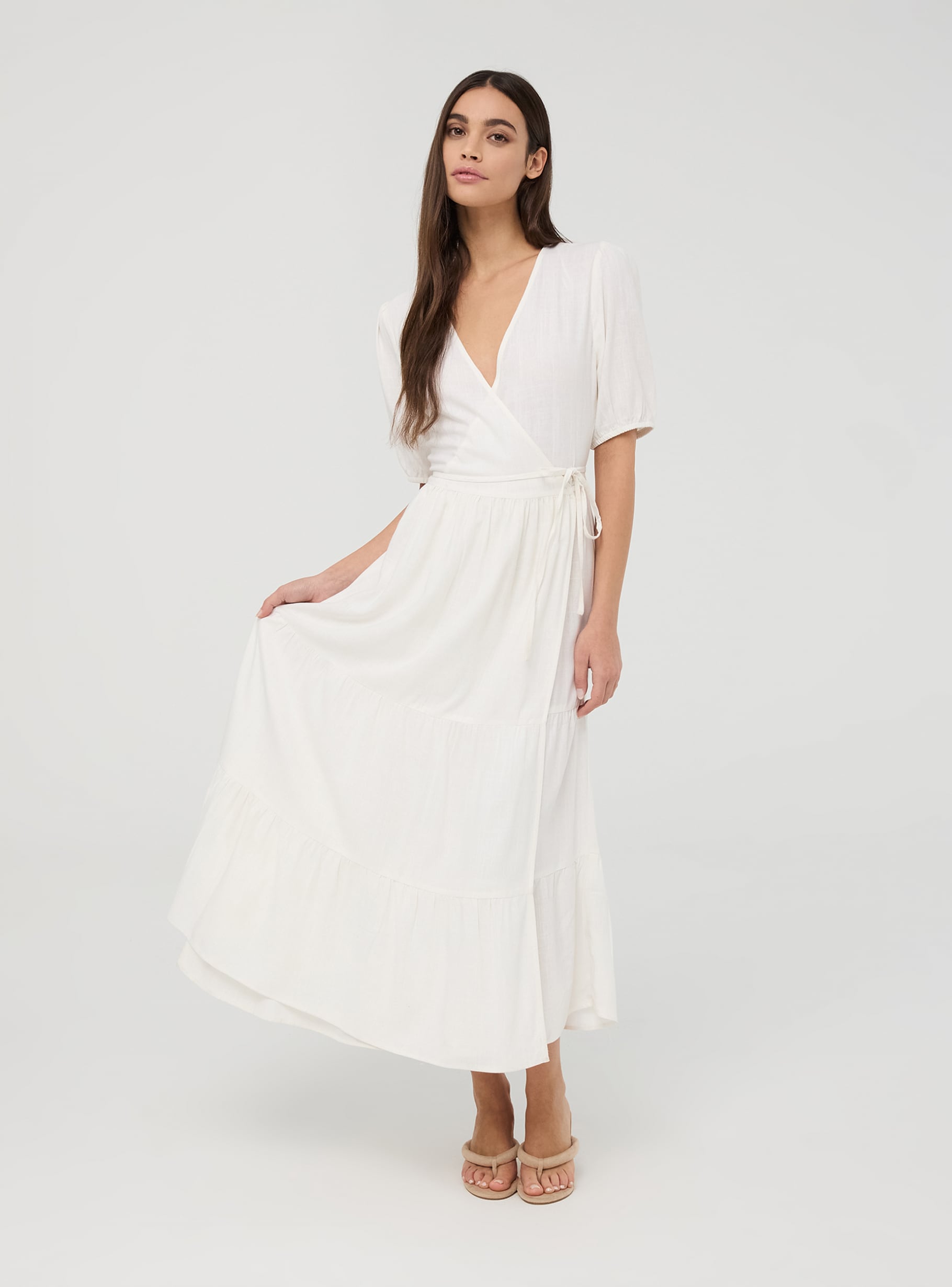 Optical white Long wrap dress with ruffles, linen blend