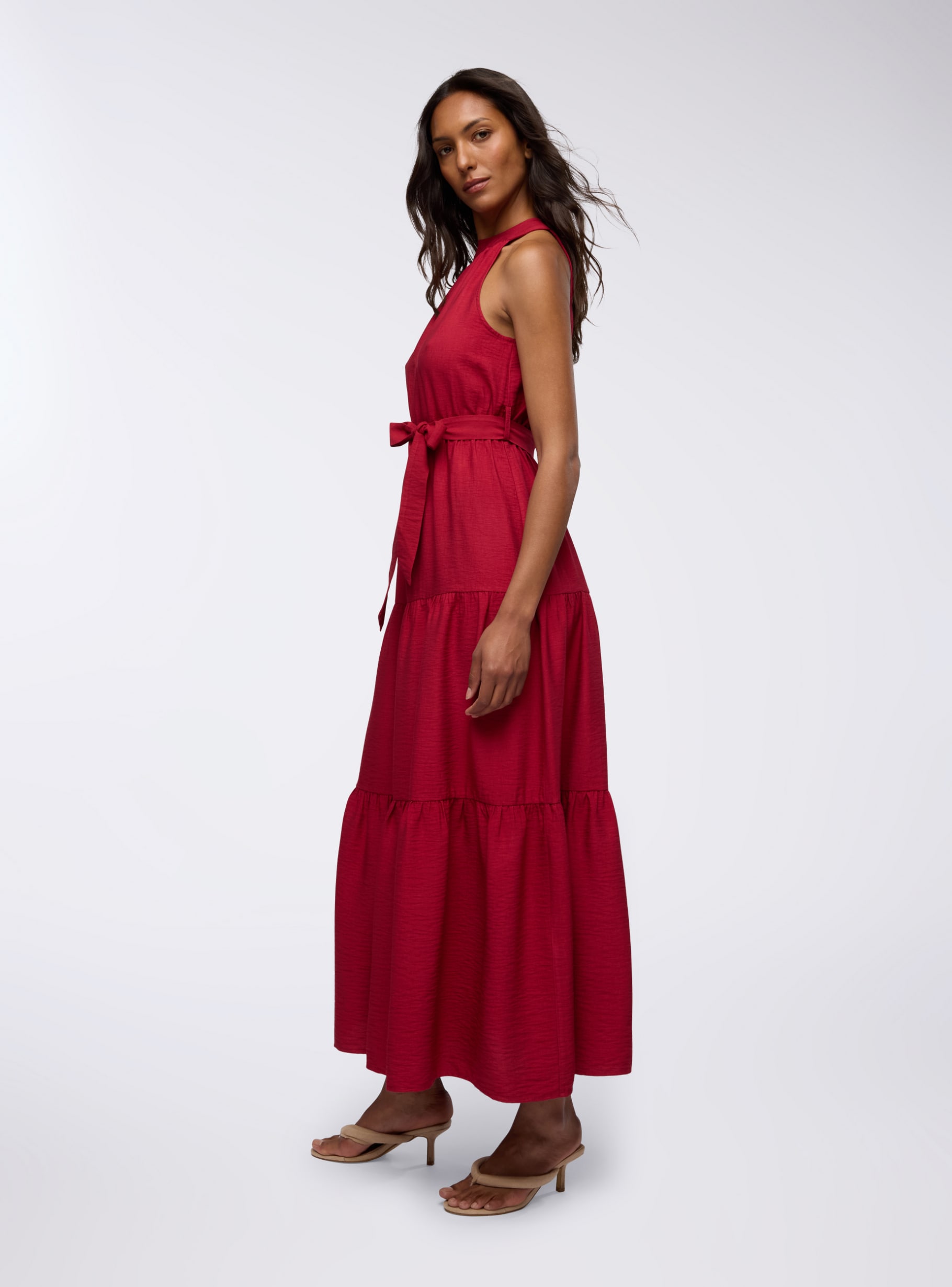 Red dark Long dress with halter neckline and ruffles - Buy