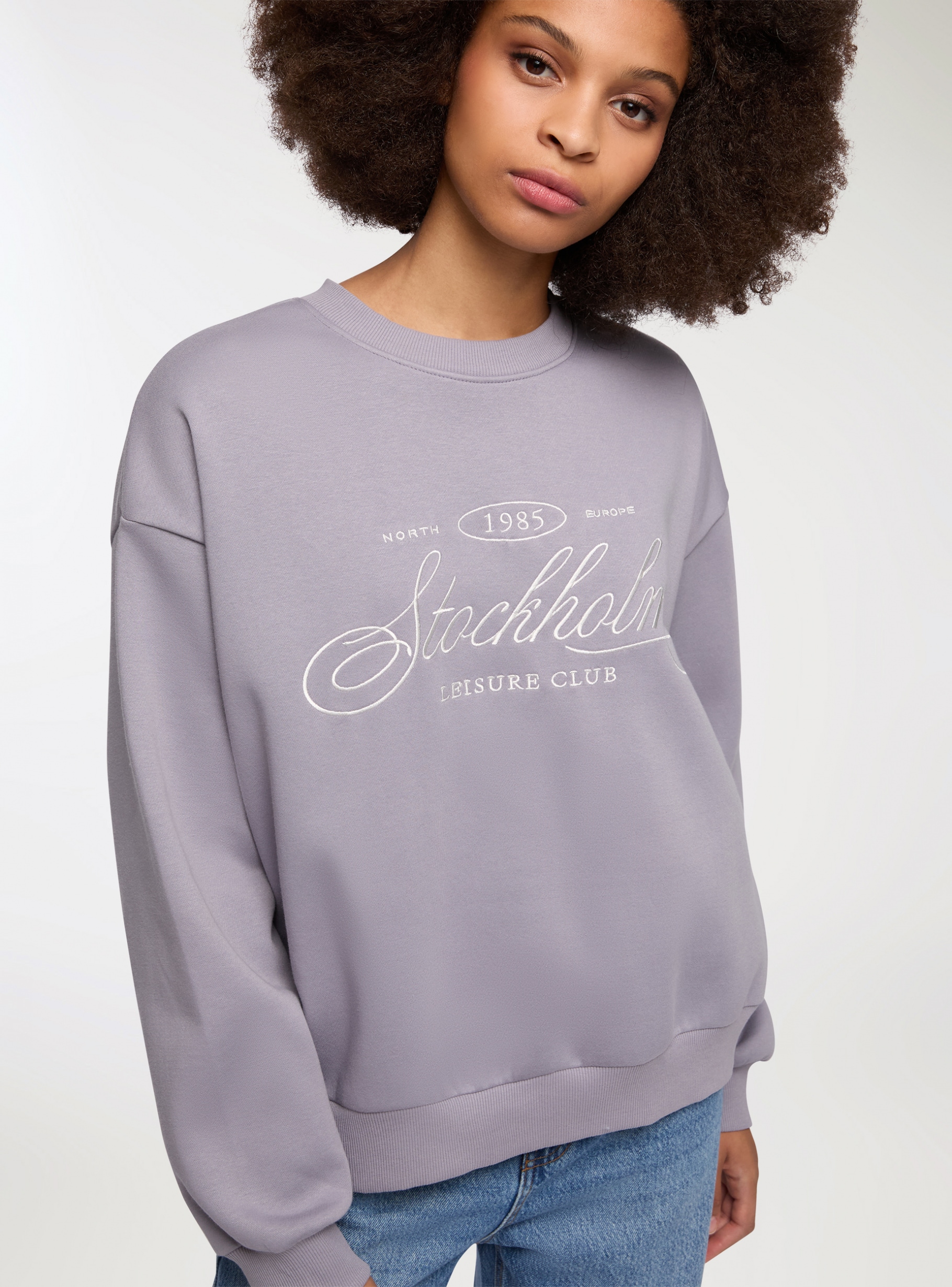 Blue denim Sweatshirt with embroidered lettering, no hood Buy