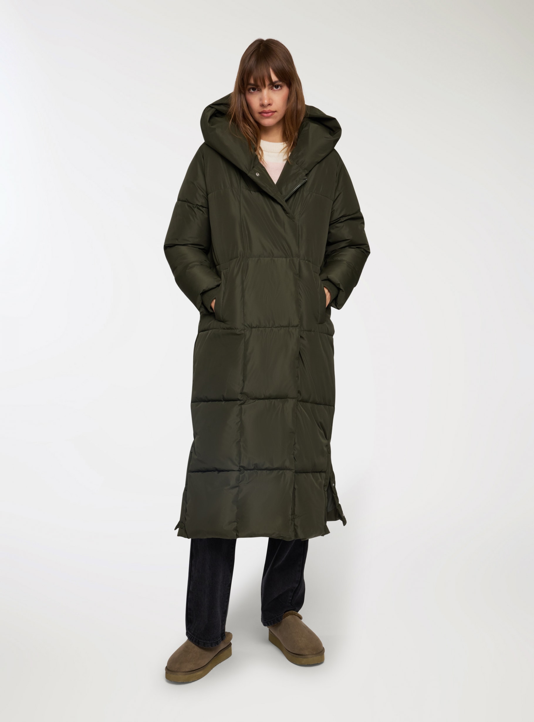 Green military dark Long padded jacket with hood Buy Online