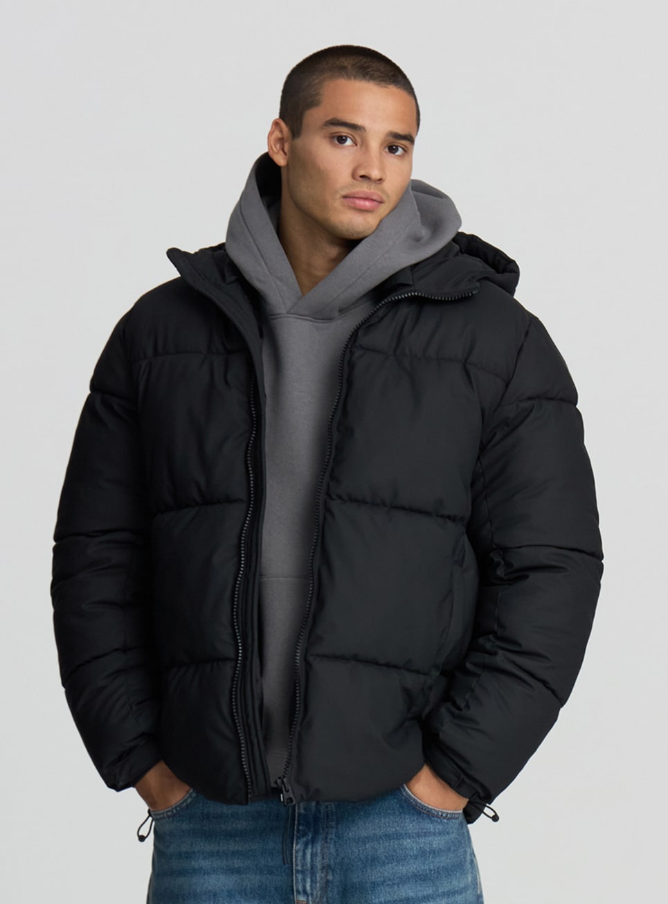 Padded rubber-effect jacket with hood black Terranova
