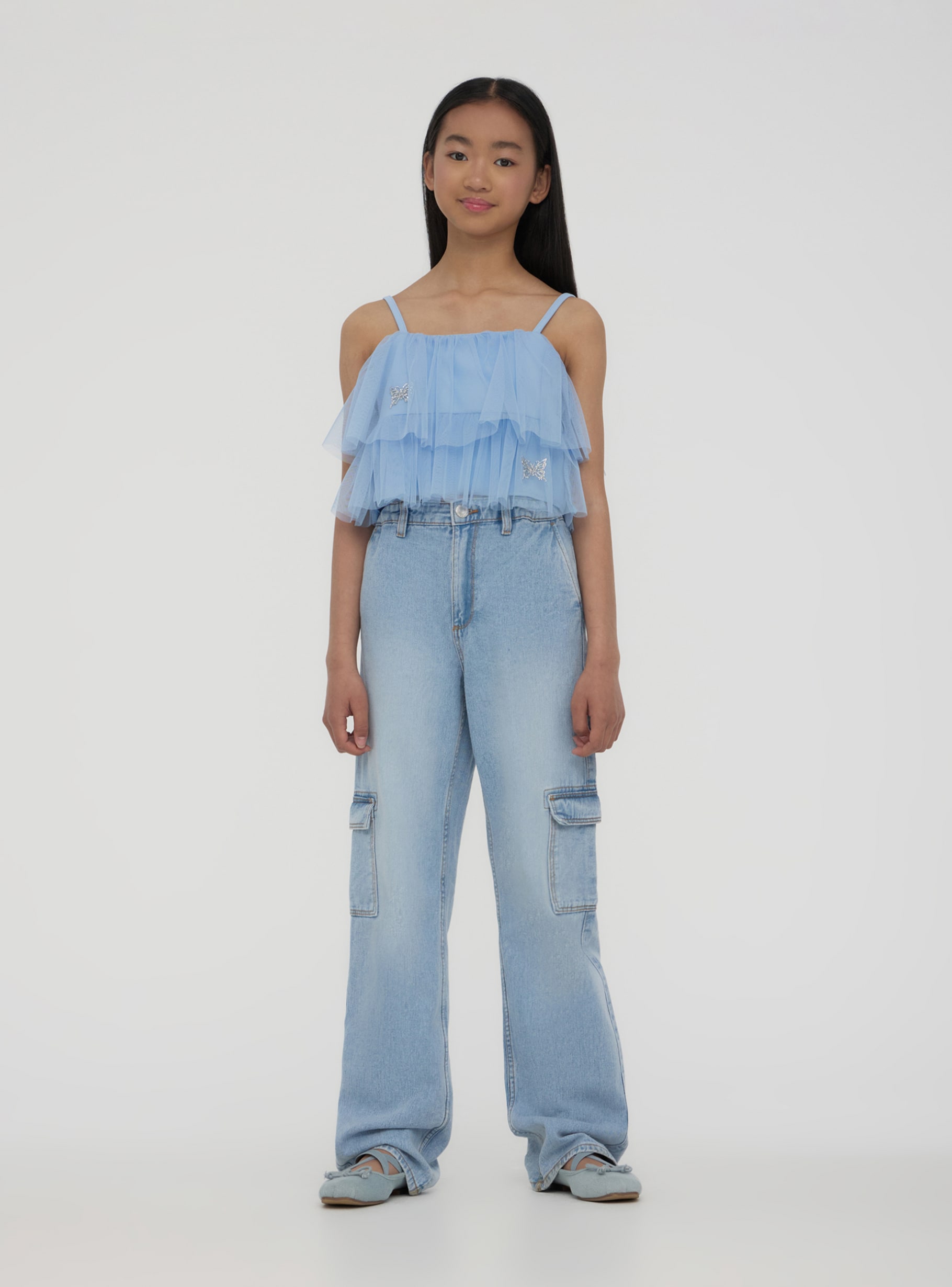 Light blue Tulle top with ruffles and butterflies - Buy