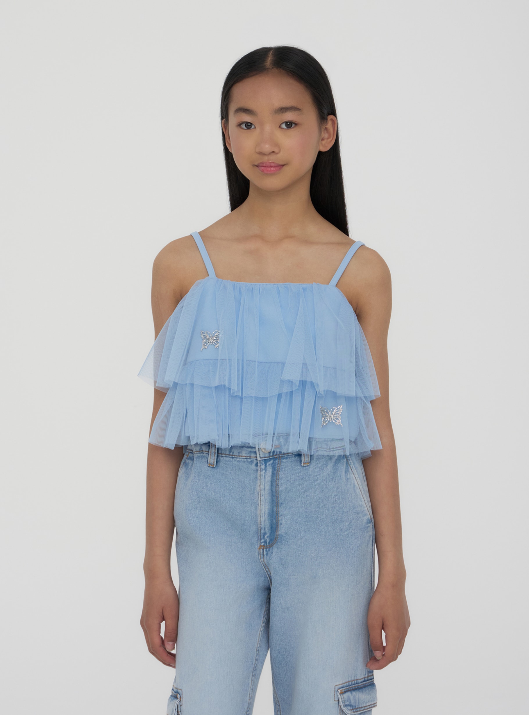 Light blue Tulle top with ruffles and butterflies - Buy