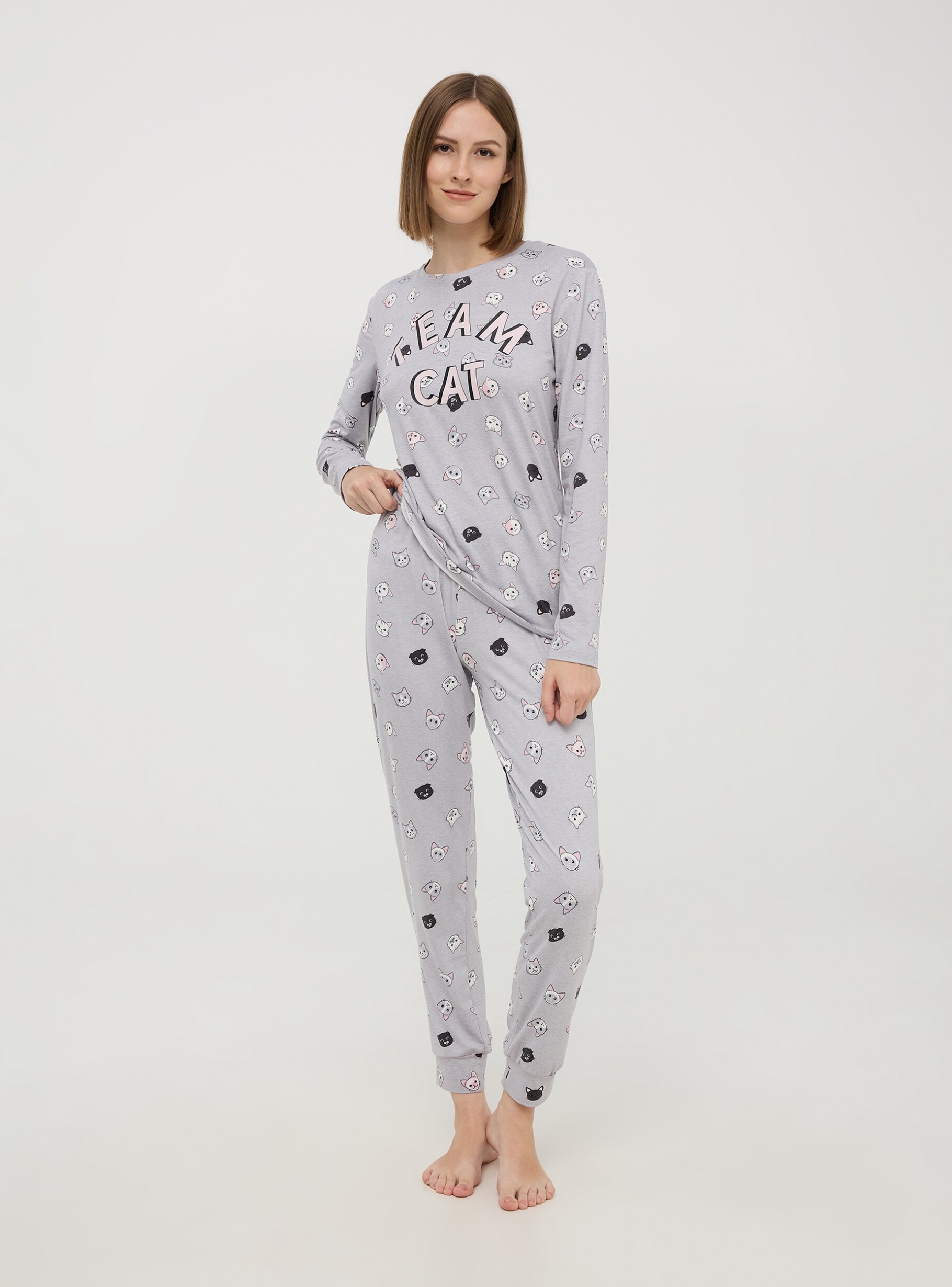 Var light grey melange Team cat pyjama set in heavy fabric Buy Online Terranova