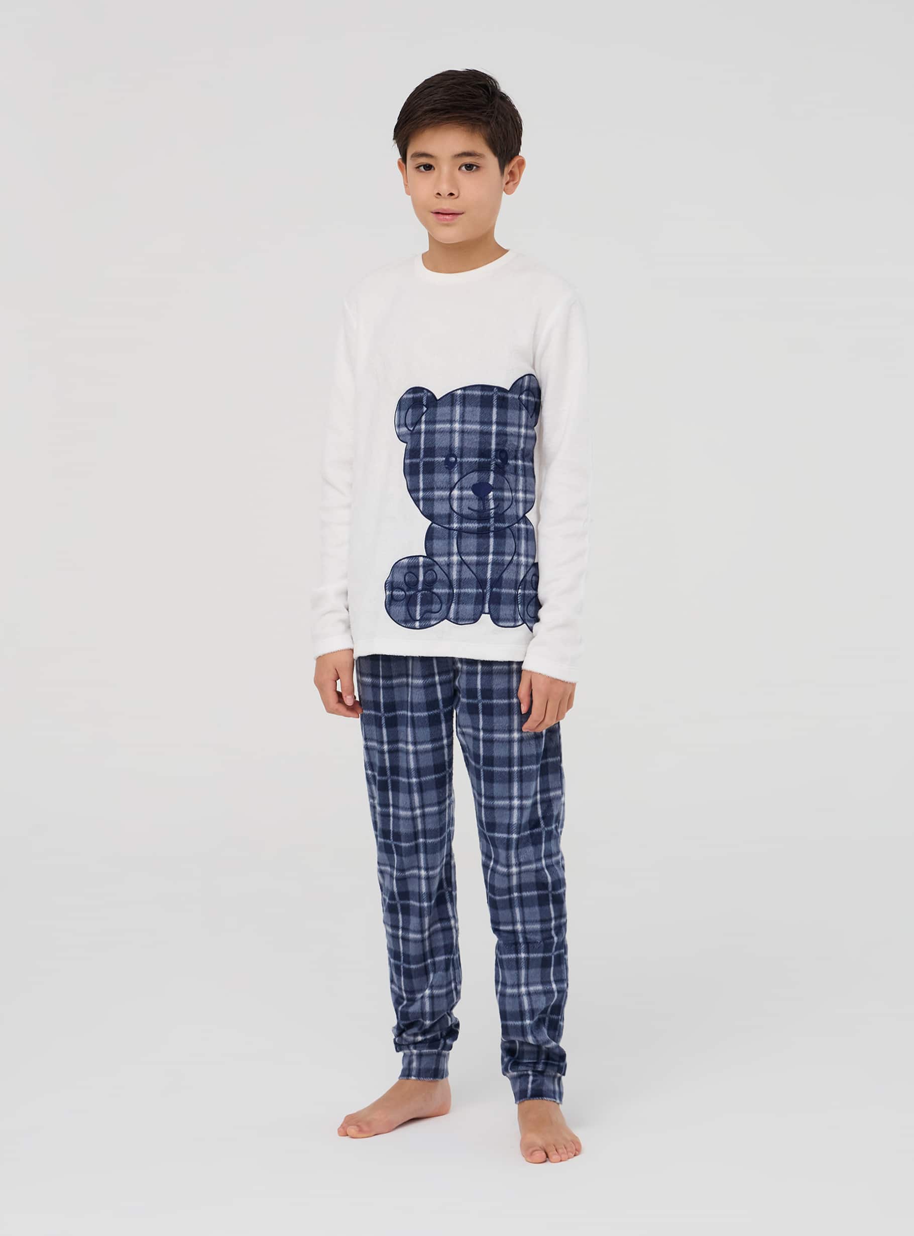 White wool Tartan pyjama set with a teddy bear Buy Online Terranova