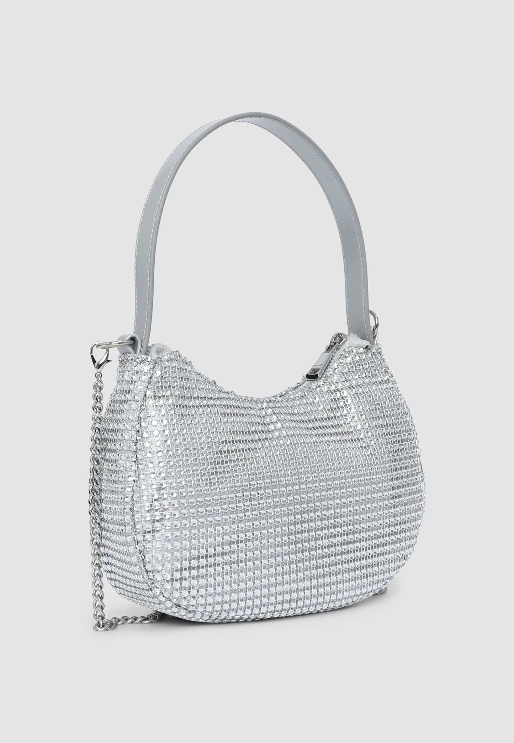Silver Half-moon bag with rhinestones and shoulder strap