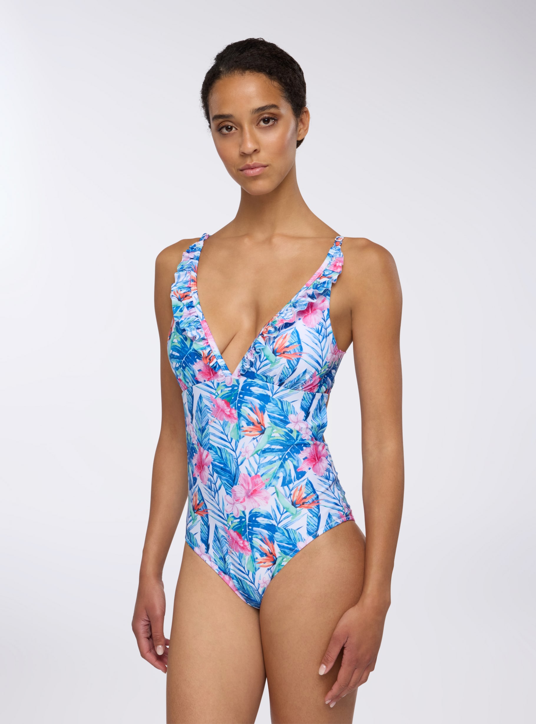 Maillot De Bain Une Pièce à Volants Col En V – Élégance Estivale