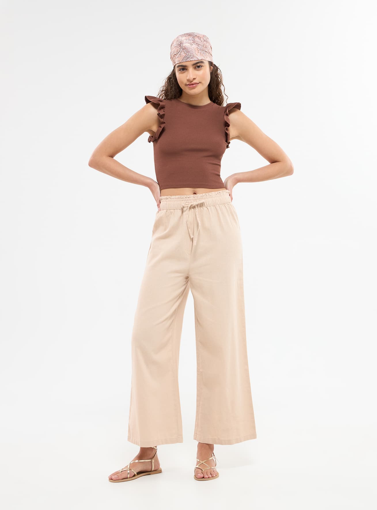Beige Wide leg linen trousers Buy Online Terranova
