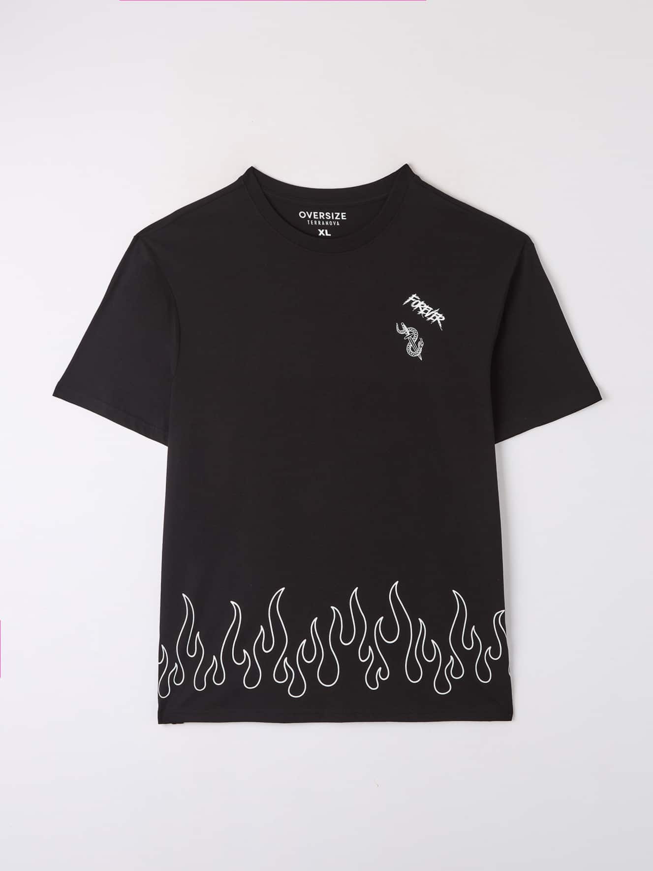 T shirt over con fiamme e scritta gotica nero Terranova