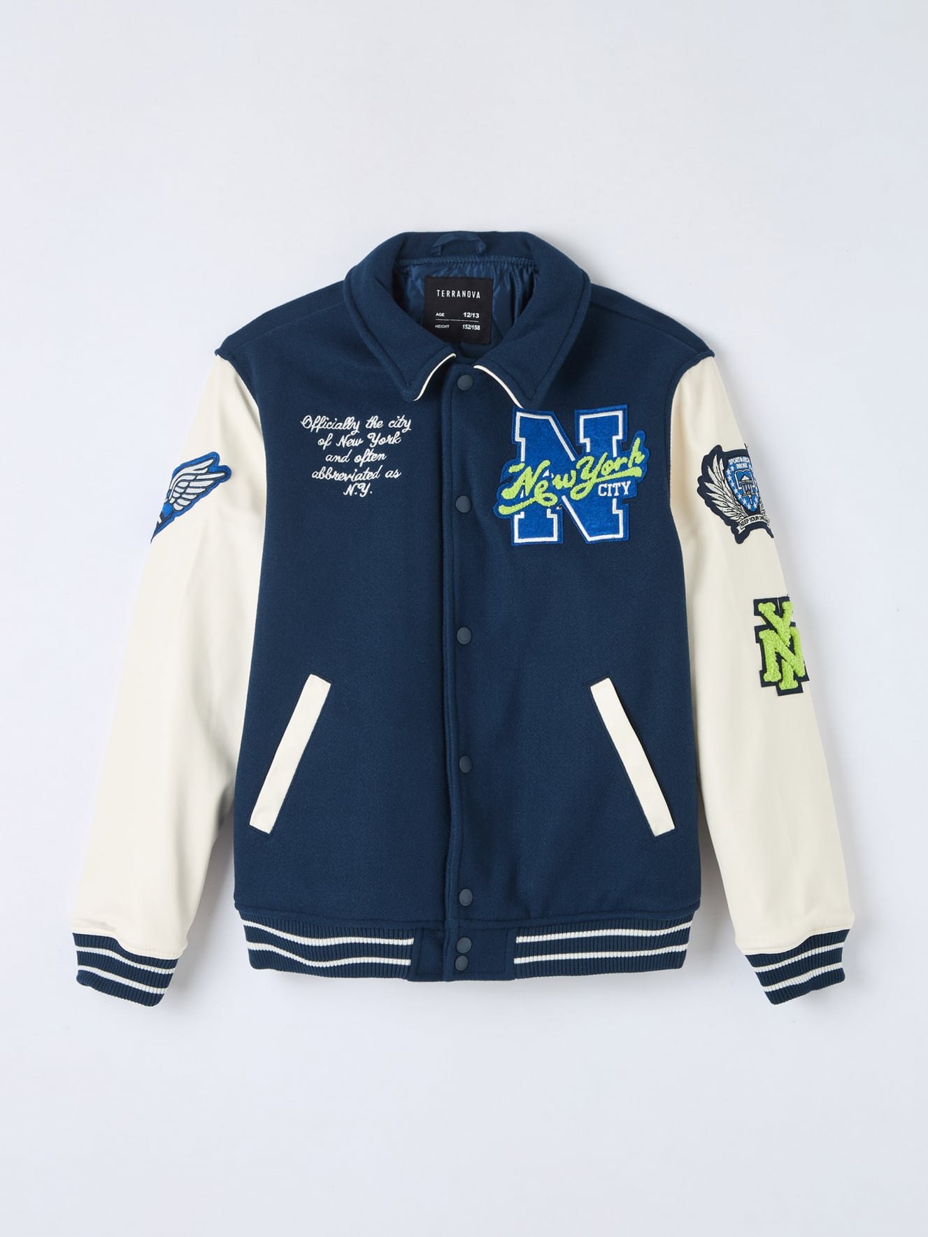 Navy varsity bomber jacket store