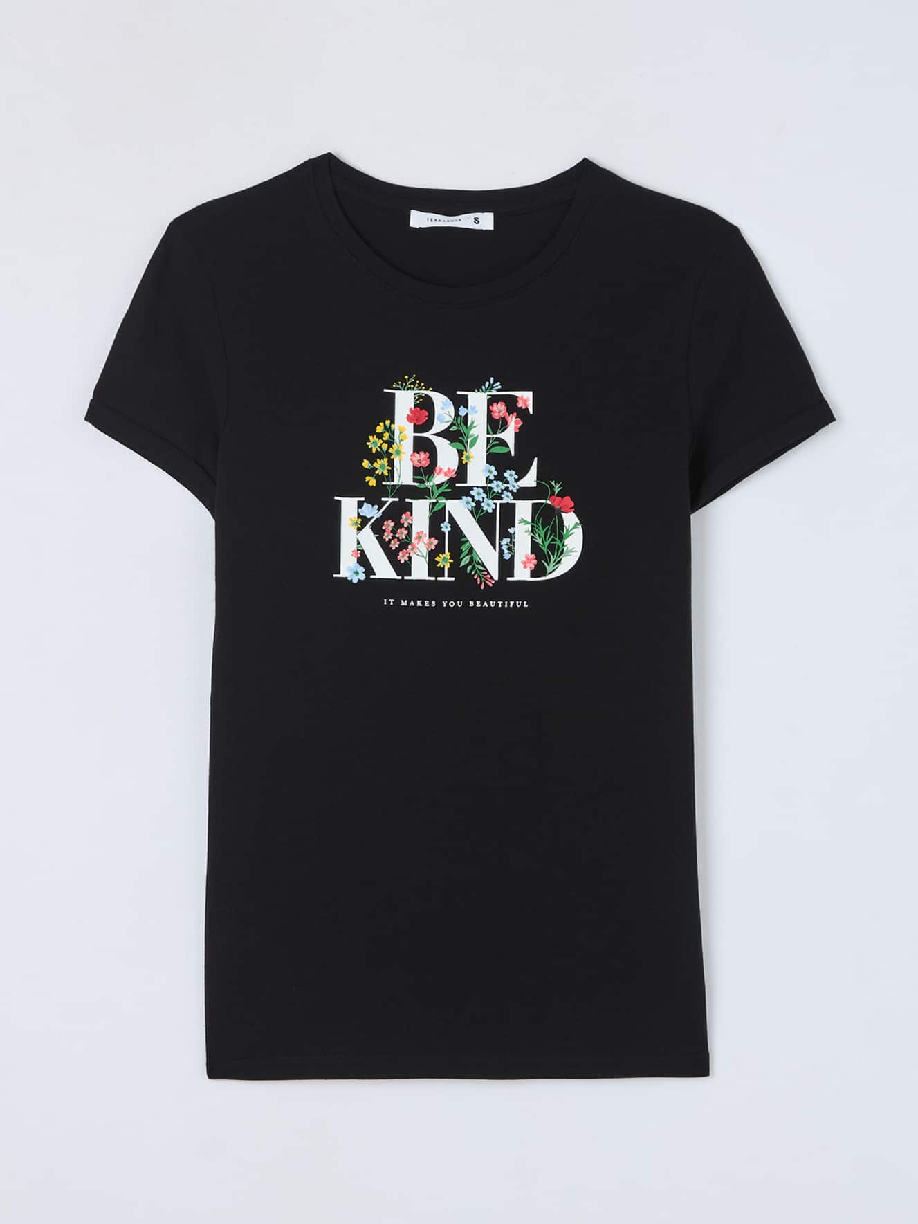 T-shirt slim scritta e fiori
