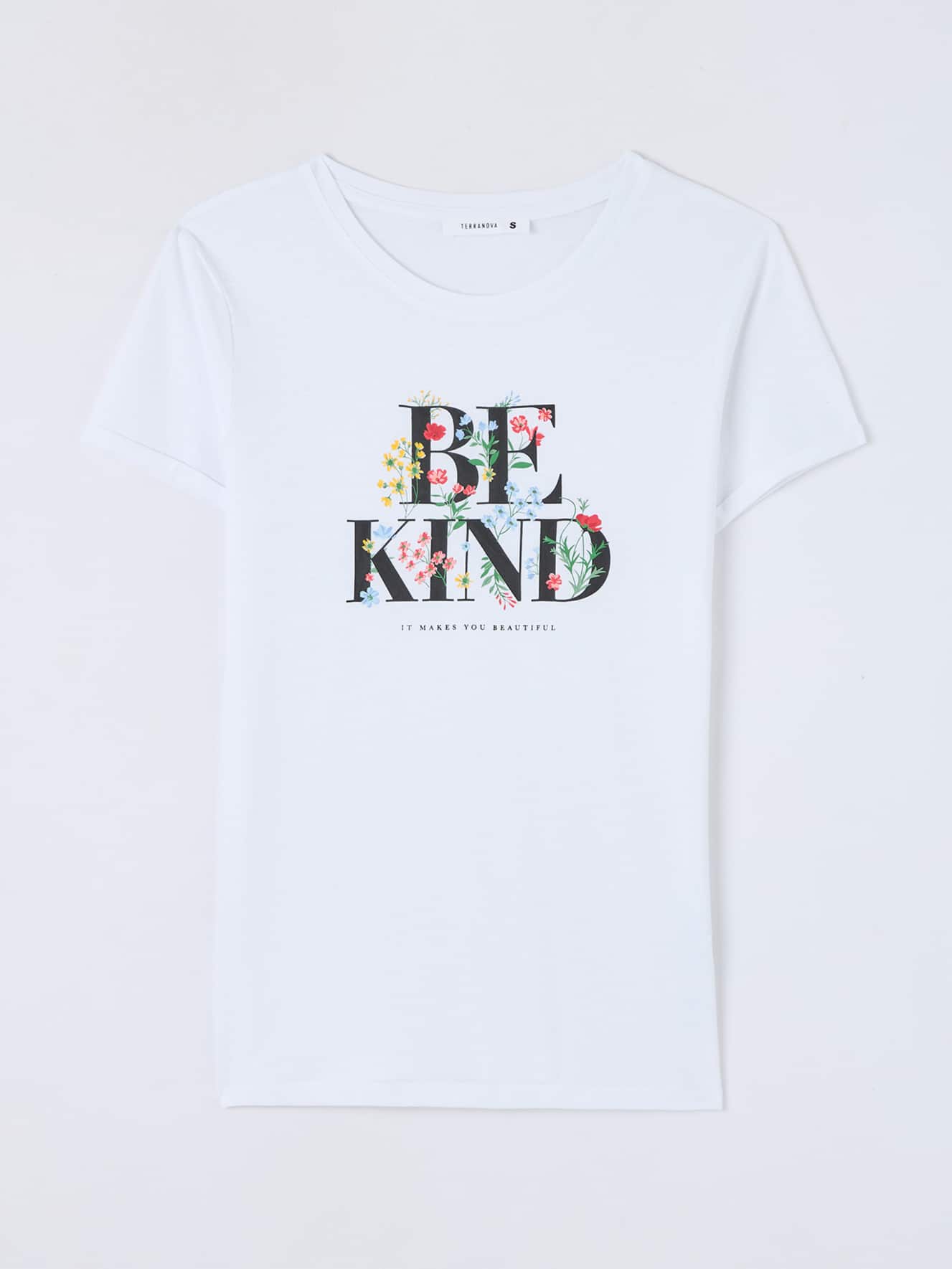 T-shirt slim scritta e fiori