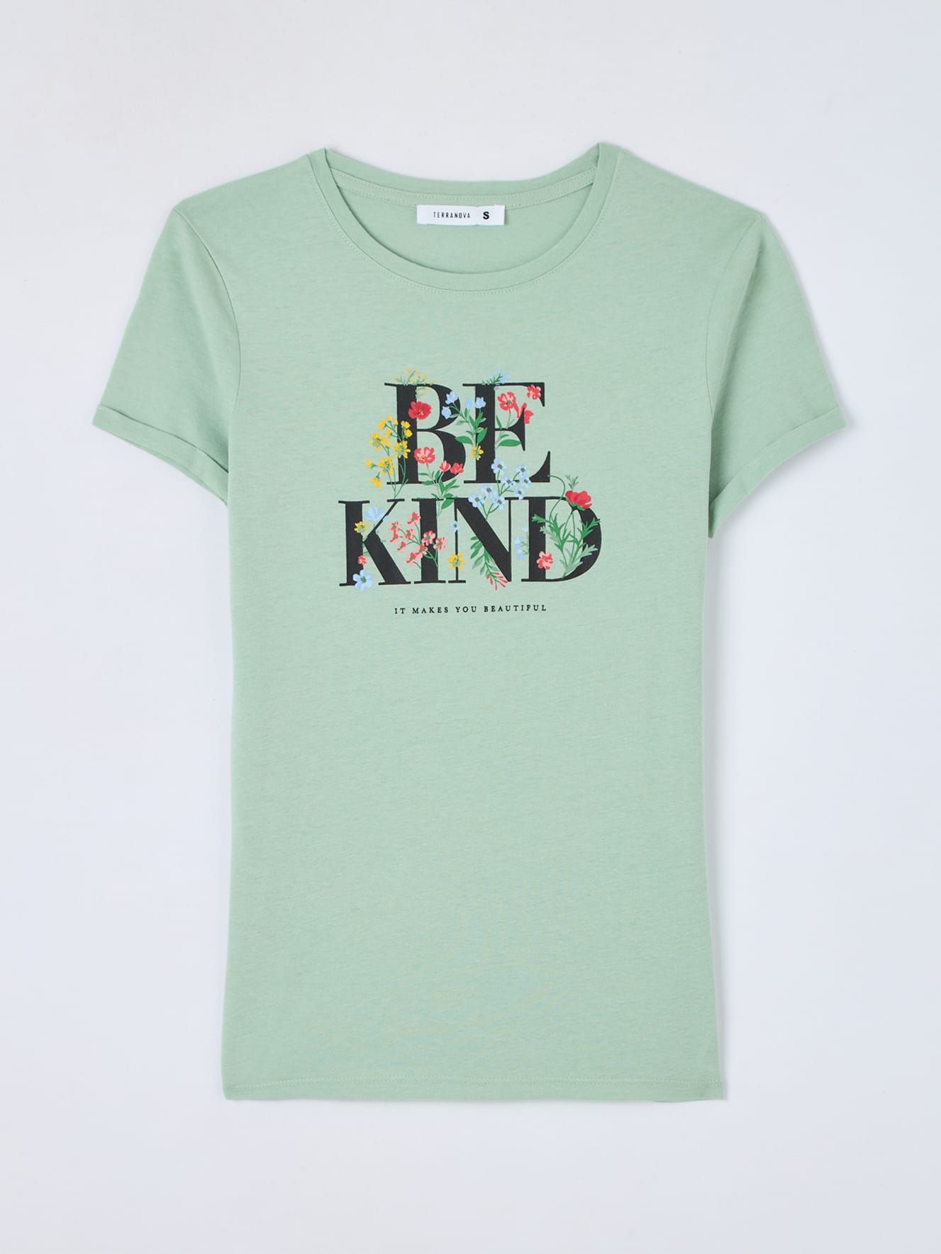 T-shirt slim scritta e fiori