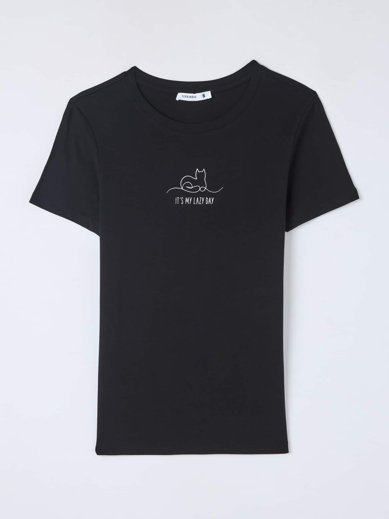 T-shirt stampa gatto e scritta