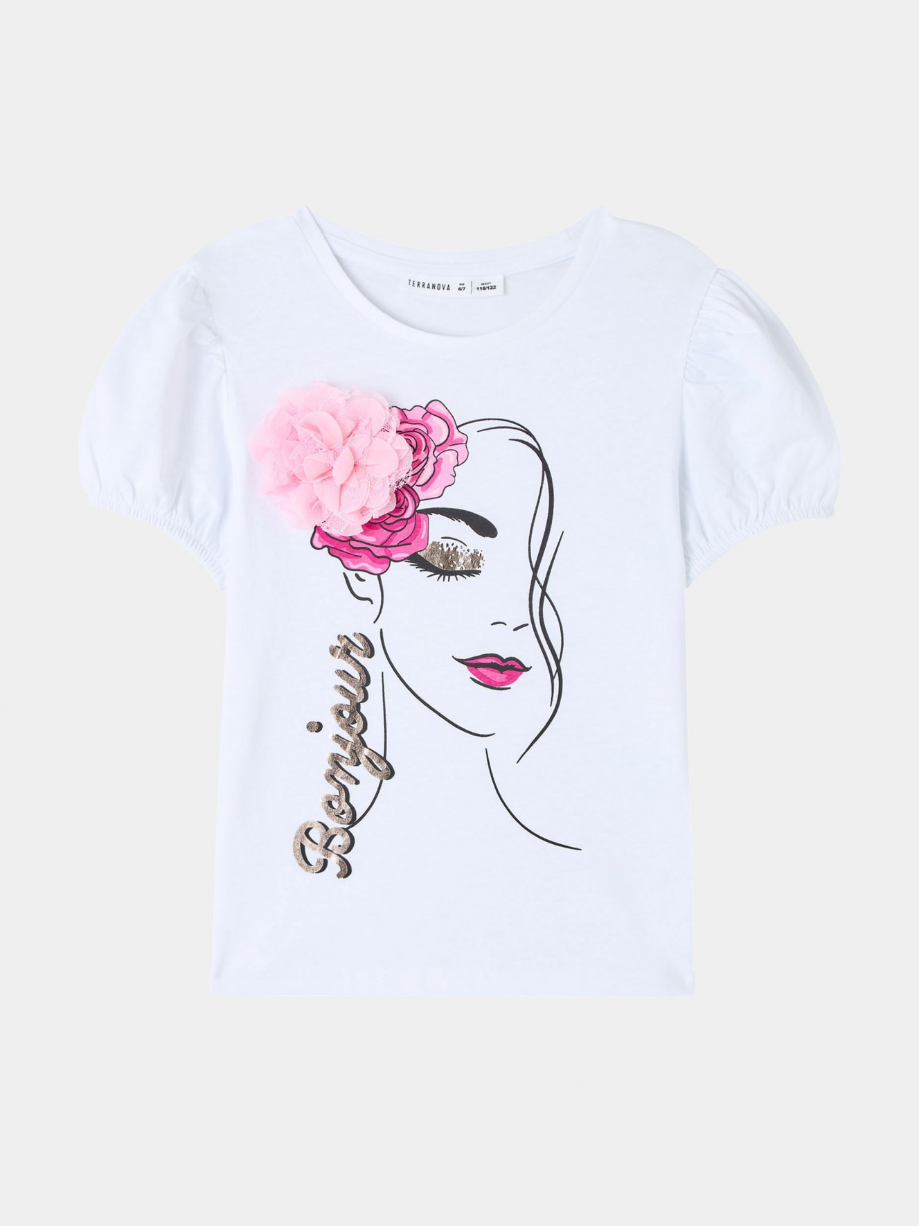 T-shirt stampa viso e fiori