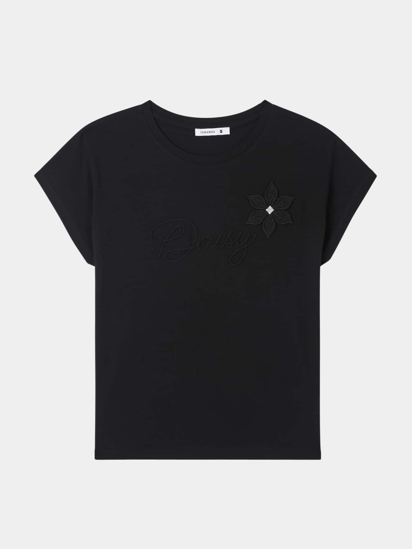 T-shirt oversize con applicazione scritta e fiore
