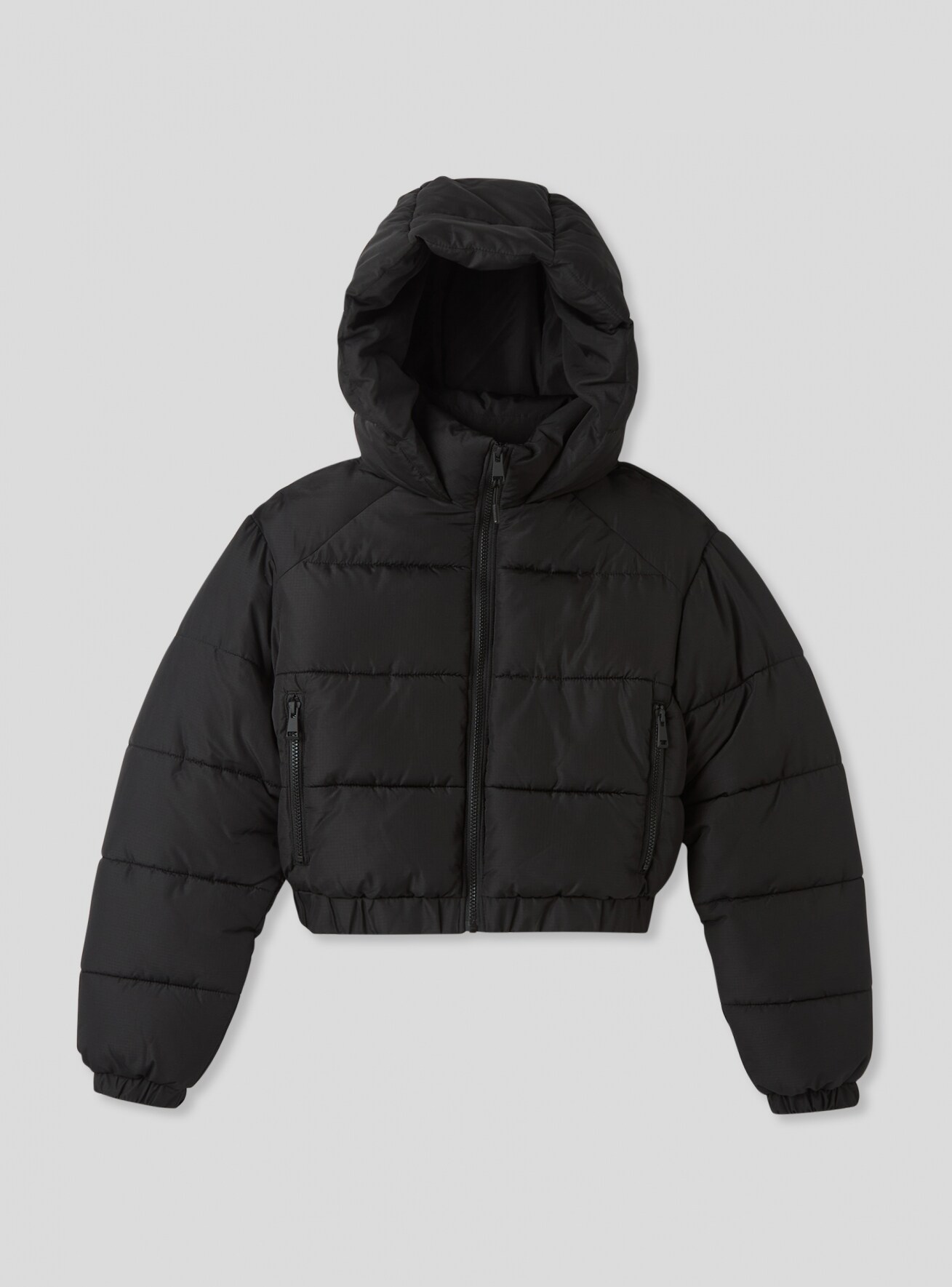Black Cropped padded jacket with a hood Buy Online Terranova