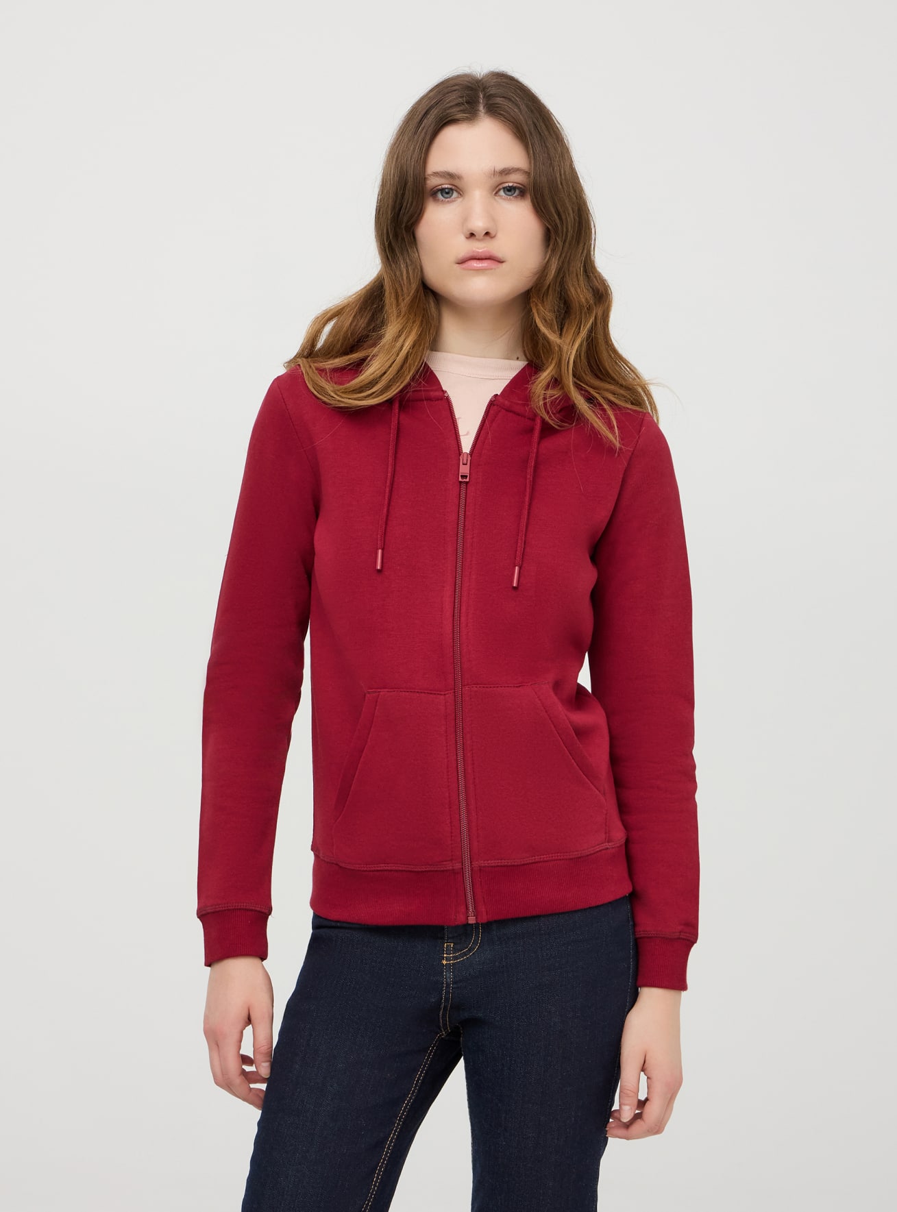 Felpa pesante con cappuccio e zip a tinta unita bordeaux Terranova
