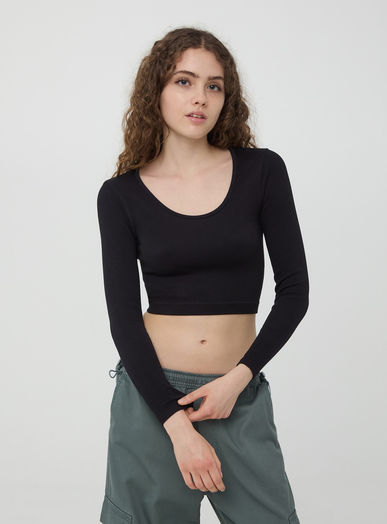 T shirt court et cotele sans couture noir Terranova