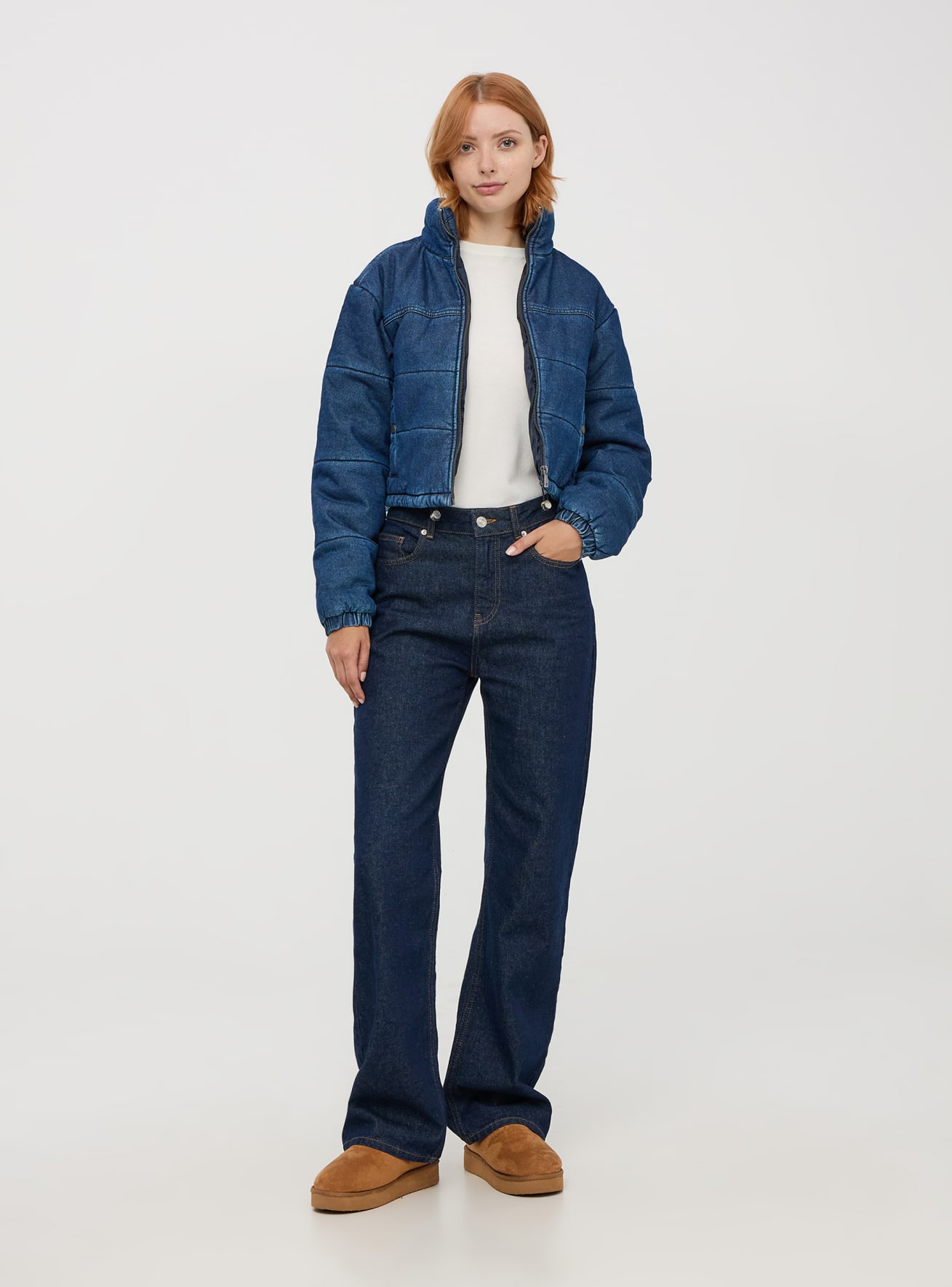Giubbotto imbottito crop in denim con collo alto Blu denim scuro Acquista Online Terranova