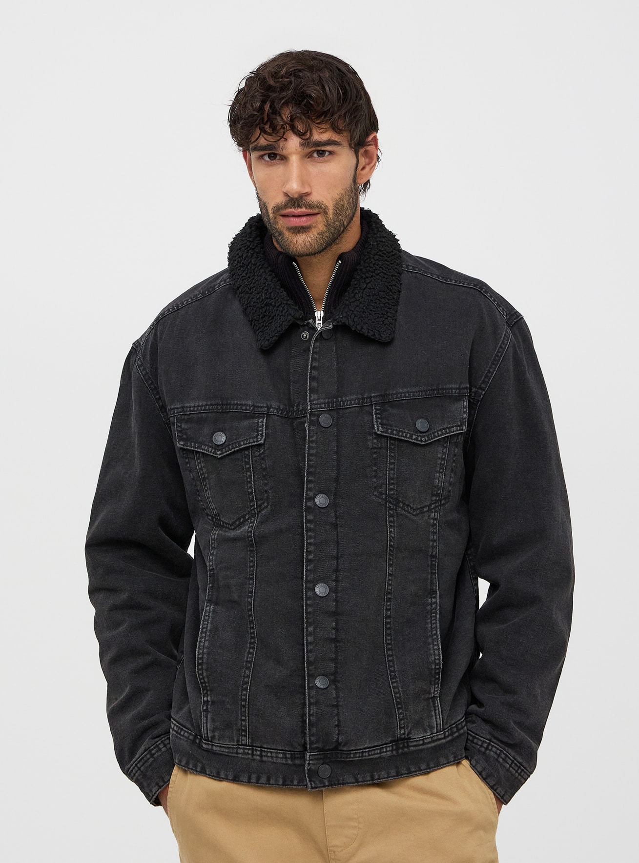 Mens black sherpa denim jacket cheap