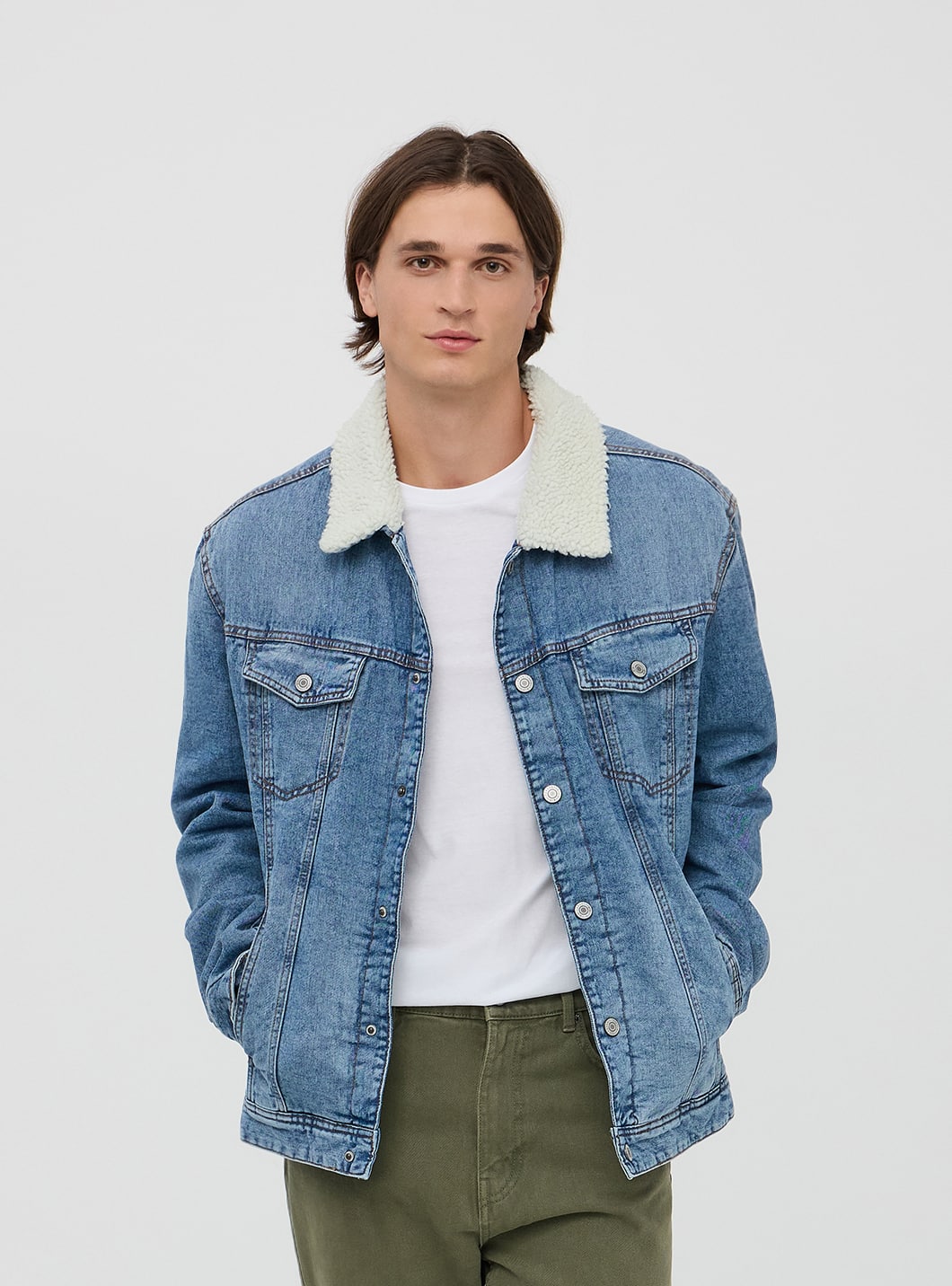 Green jacket blue jeans hot sale