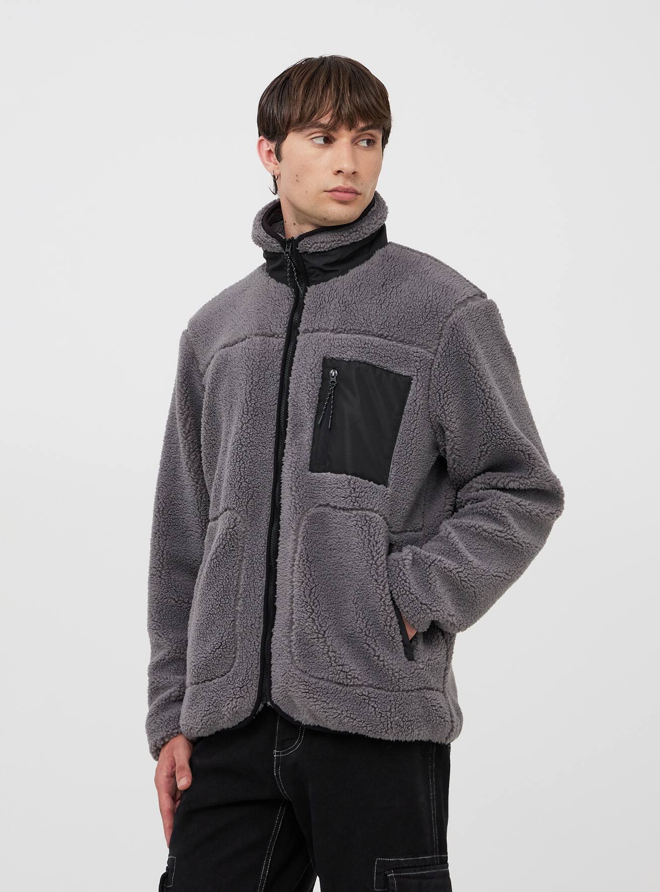 Giubbotto in sherpa a collo alto grigio topo Terranova