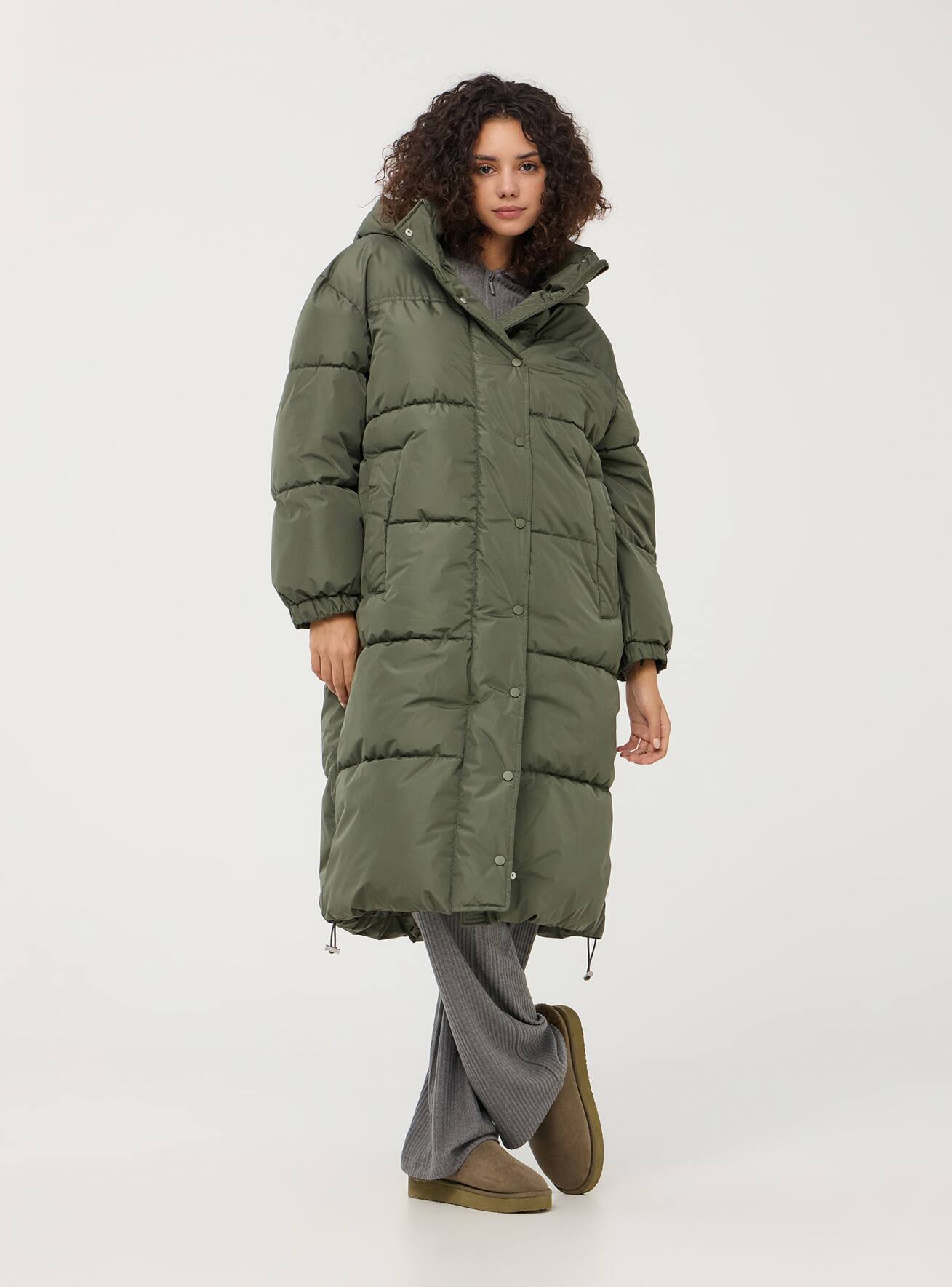 Green military dark Long oversized padded jacket with a hood Buy Online Terranova