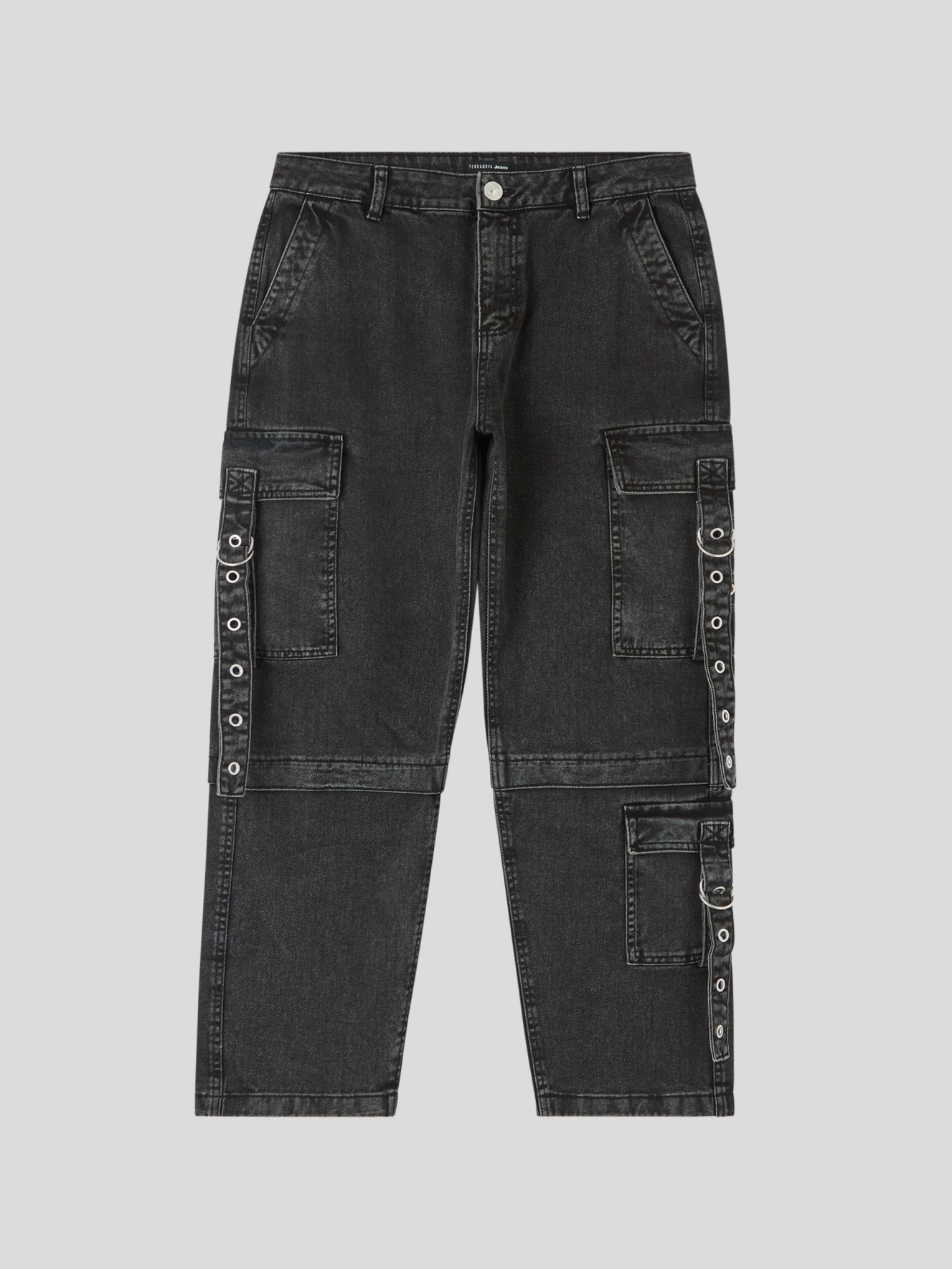 denim black Multi-pocket cargo jeans with buckles - Buy