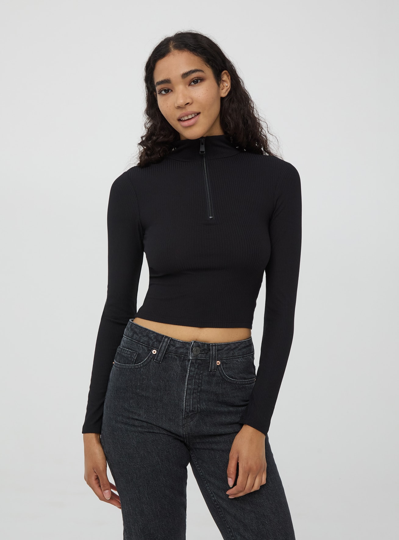 Black Ribbed half zip T shirt Buy Online Terranova