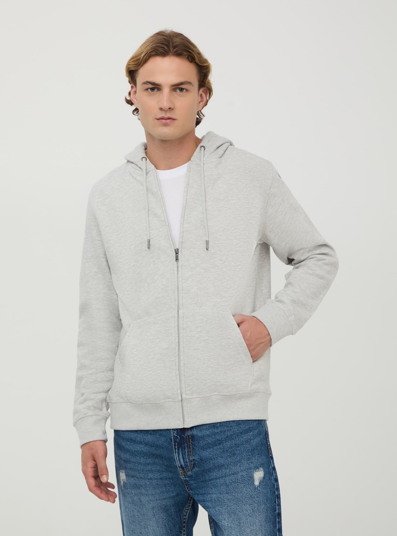 Felpa con cappuccio e zip a tinta unita grigio chiaro melange Terranova