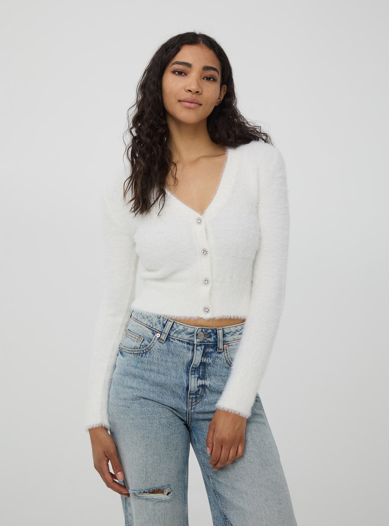 Cardigan in pelo sintetico con bottoni gioiello