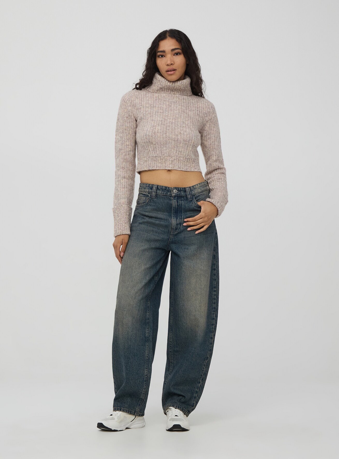 Maglione dolcevita crop a costa inglese Beige melange Acquista Online Terranova
