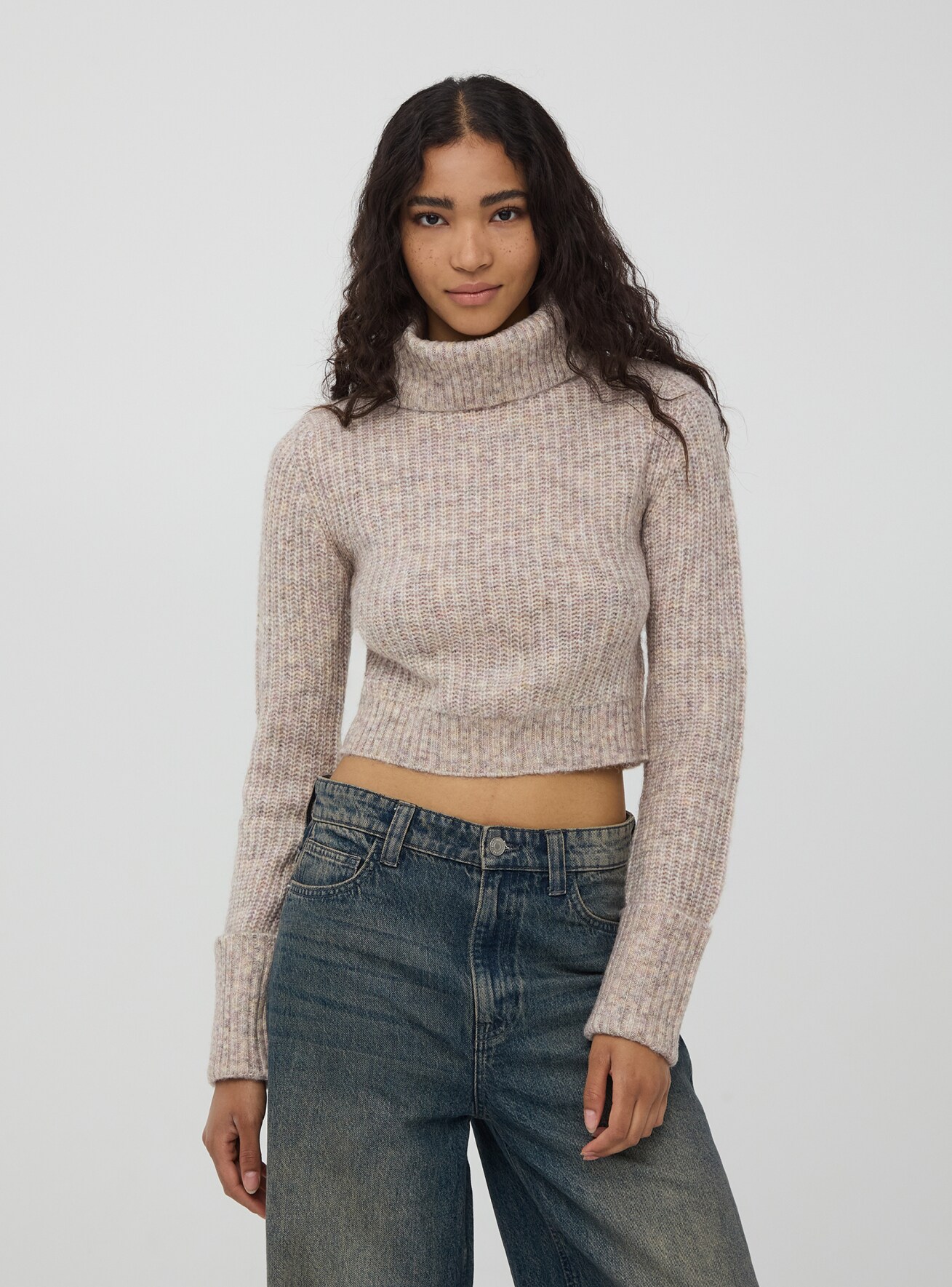 Melange beige Cropped ribbed knit polo neck jumper Buy Online Terranova