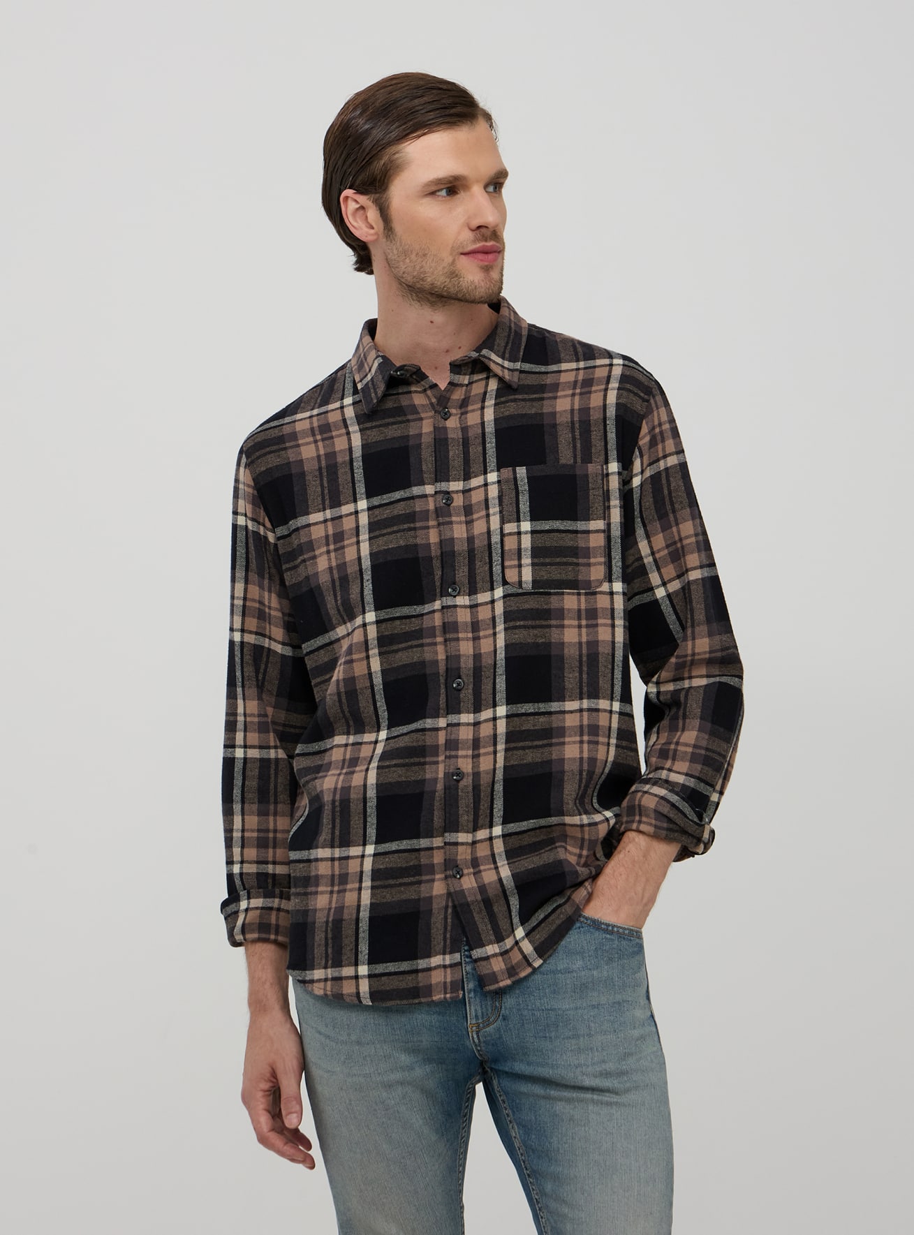 Camicia in flanella a quadri con taschino