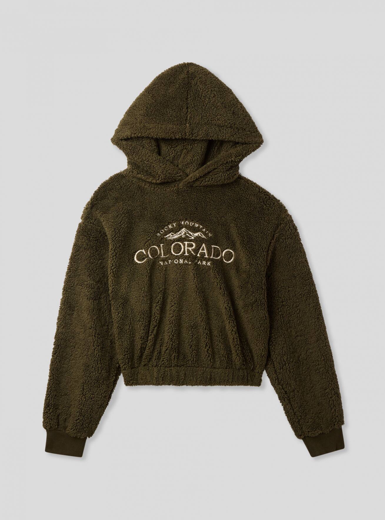 Green military dark Cropped cosy sherpa hoodie with mountain embroidery Buy Online Terranova