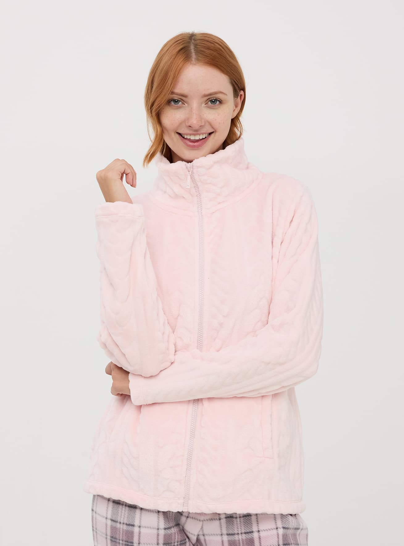 Pink light Cable knit fleece sweatshirt with a zip Buy Online Terranova