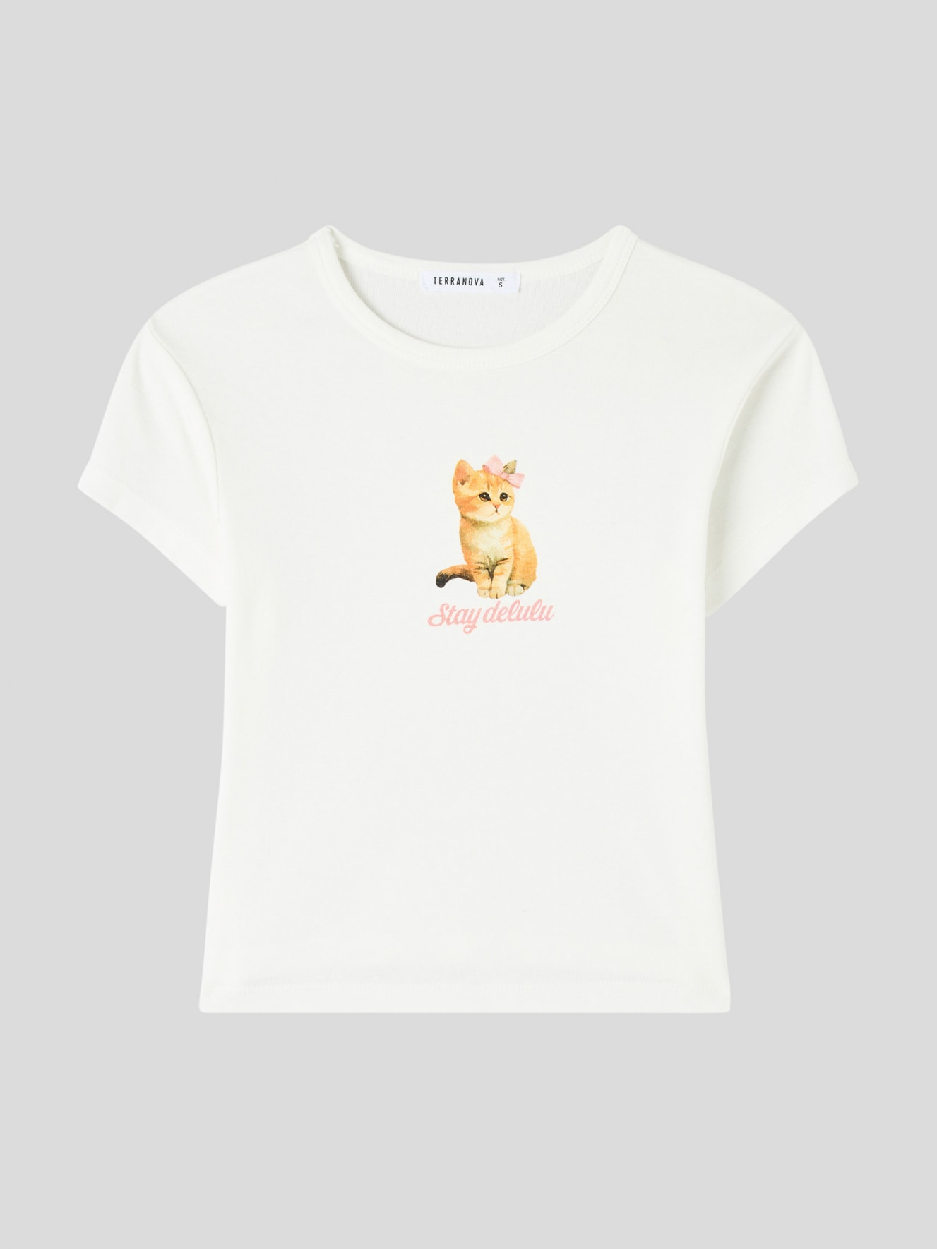 T-shirt a costine con stampa gatto