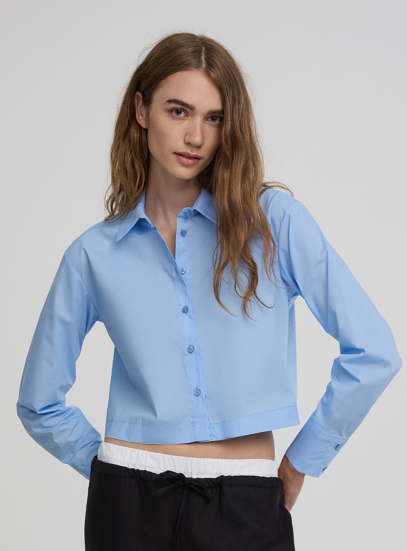 Light blue Cropped shirt in single-colour poplin - Buy