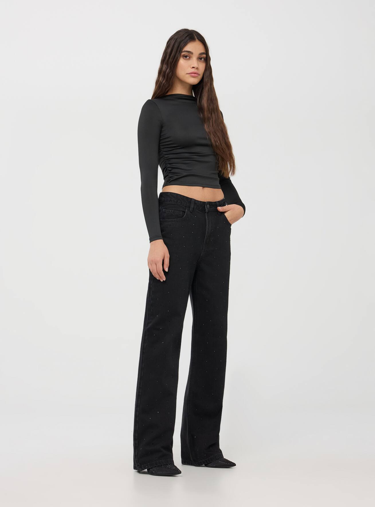 Wide legs jeans with rhinestones denim black Terranova