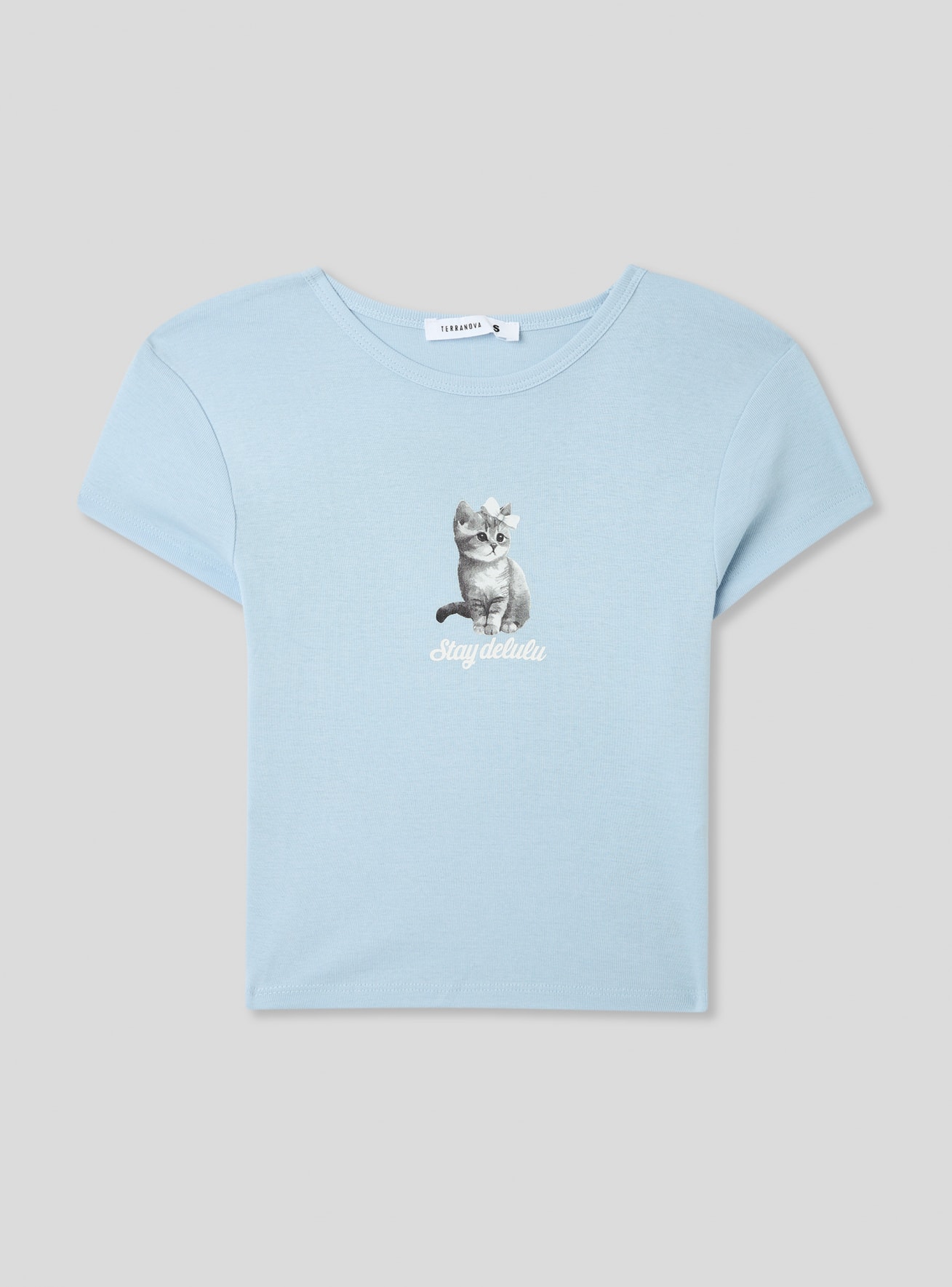 T-shirt crop con stampa gatto
