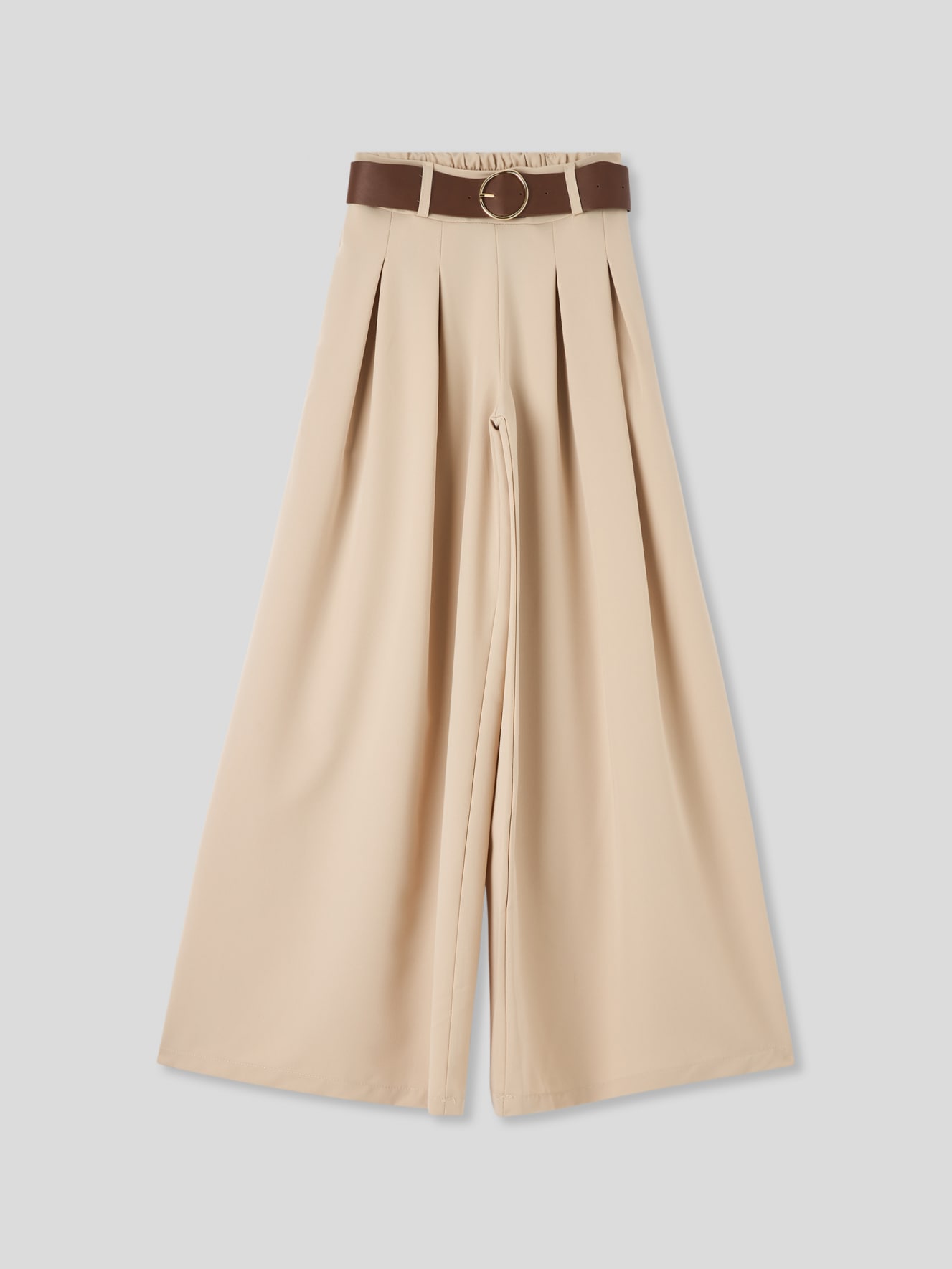Beige Wide leg pleated trousers with belt - Buy Online